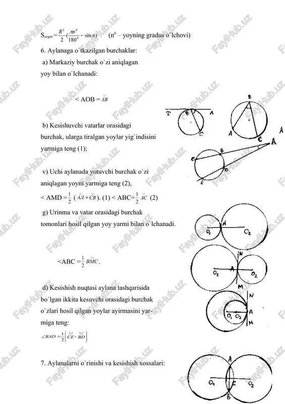 yoylari 600 va 1200. doiralar yuzalari nisbatini toping. yechish: o1b = r, o2b = r deb belgilaymiz. shartga ko`ra < a o1b = 1200 , <ao2b = 600. ikki aylana markazlari orasidagi o1o2 kesma ab ga perpendikulyar, u holda , bundan r = 2bc, demak = r2 : r2 = 3 : 1 javob: 3:1 7- misol. yoyi 1200 , perimetri r bo`lgan segment yuzasini toping. yechish: r doira radiusi. bundan acb yoyni aniqlaymiz: = embed equation.3 · 1200= πr . aob uchburchakdan ab = 2 r sin 600 = r shartga ko`ra ab+ =r, demak r + (r =r, bundan r= . s segmentni yuzi sektorni yuzidan oab uchburchak yuzini ayirishdan hosil bo`lgan son bo`ladi. shuning uchun s = πr2 – . javob: 8 – misol. radiuslari r va r bo`lgan ikki aylana tashqi o`rinadi. nuqtalari orasidagi kesmasini toping. yechish: m nuqtadan ikki md va ma o`rinmalar o`tadi. o`rinmaning …