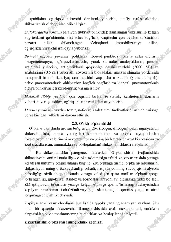 eritmalar vena ichiga tomchilab yuboriladi. chuqur va uzoq muddatli kollaps va shokda metabolik atsidoz rivojlanishi munosabati bilan 4 % bikarbonat natriy eritmasidan 200-300.0 ml yuborish tavsiya qilinadi. og’ir tomir yetishmovchiligida pressor aminlardan mezaton, noradrenalin qo’llaniladi. miokardni qisqarish faoliyatini oshirish uchun strofantin vena ichiga yuboriladi. modda almashinish jarayonlarini yaxshilash uchun b, c, p vitaminlar kompleksi, atf, glyukoza insulin bilan (1 birlik 2-3 gr glyukozaga) yaxshi natija beradi. o’tkazilgan tadbirlardan so’ng bemorga yengil parxez buyuriladi (700-800 ml sutni 150-200 g qand bilan), so’ngra parxezstol№7, ahvoli ancha yaxshilanganda №10 buyuriladi. ko’rsatmaga binoan yurak glikozidlarini, siydik haydovchi va boshqalar yuborish davom ettiriladi. bosqichli davo. shikastlanish o’chog’ida birinchi tibbiy yordam quyidagilardan iborat: jgut yoki siquvchi bog’ich yordamida qon oqishni vaqtincha to’xtatish, yaraga himoyali bog’ich bog’lash: singan suyaklarni va yirik yaralarni immobilizatsiya qilish; shprits – tyubikdan og’riqsizlantiruvchi dorilarni yuborish, sun’iy nafas oldirish; shikastlanish o’chog’idan olib chiqish. shifokorgacha yordam(batalyon tibbiyot punktida): namlangan yoki surilib ketgan bog’ichlarni qo’shimcha …