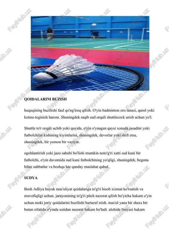 ahvolga tushgan sinuvchanligi hisoblanadi. muxlislar ko'p parametrlari ko'pchilik ustidan izchil par shuttlecocks hali yomon soz farq bo'lsa-da, sintetik materiallardan tayyorlangan shuttlecocks sotib olish uchun afzal, nima uchun, deb. ta'siri natijasida kam aniq bo'ladi va u qiyin bo'ladi bashorat. o'yin foydalari badminton o'yini, professional faqat balki havaskor emas, uning a'zolariga ulkan foyda keltiradi. shunday qilib, o'yin davomida samarali turli mushak orqa va elka maydoni muskullar, shu jumladan, guruhlar, shuningdek, ligamentlerinin va sud atrofida harakatlanuvchi tez sakrash va tana tomonidan qo'llaniladi oyoqlari, tendonları mustahkamlash. bundan tashqari, muntazam mashg'ulotlar badminton muqarrar ijobiy reaktsiya va turli vaziyatlarda hayot ertami-kechmi, otib futbolchilar harakatlari, shuningdek, sabr-bardosh, a'lo muvofiqlashtirish rivojlanishiga ta'sir, har bir qulay keladi. badminton - ajoyib mobil o'yin ishonch hosil bo'lgan har bir kishi, bolalar va kattalar ham qiziqtirishi mumkin. badminton, bo'sh futbolchilar kutib olish uchun etarlicha katta, eng ijobiy his-tuyg'ular olib bir joy bo'ladi. havaskor darajasi badminton hech qanday maxsus jismoniy tarbiya va maxsus …