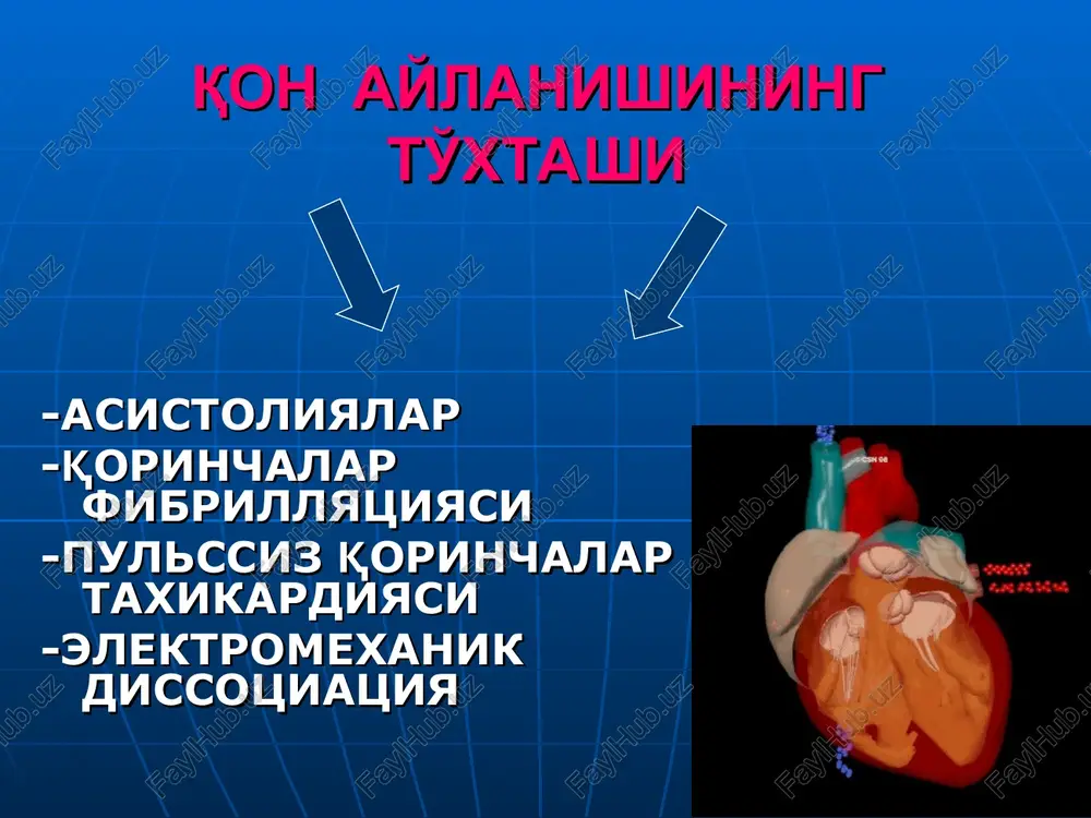 1 mg 1: 10 000 t/i yuboriladi yoki 2 -2,5 mg endotraxeal, xar 3 -5 min ichida. effekti bo'lmaganda xar 3 minda 1-3-5 mg yuboriladi. maksimal doza 0,1 mg/kg xar 3-5 min. bradikardiyada – atropin 1 mg, xar 3-5 min.ichida qaytariladi,umumiy doza 0,04 mg/kg.gacha. qf va pqt da reanimatsion chora tadbirlar algoritmi. qf yoki pqt o'yur boshlash prekordial zarba kerakligini aniqlash. qf yoki pqt ni aniqlash uchun ekg monitoring o'tkazish. defibrillyator o'rnatish. defibrillyatsiya o'tkazish: razryad 200 – 300 – 360 dj har bir razryaddan so'ngqf/pqt tekshiriladi. qf/pqt saqlanmokda qf/pqt bartaraf etildi gemodinamikani baholash. postkonversion ritmning xarakteri aniqlash va kerakli algoritmni qo'llash. t/i 50-100 mg lidokain yuborish va 2 mg/min tezlikda infuziyu o'yur davom ettiriladi traxeya intubatsiyasi markaziy vena kateterizatsiyasi . adrenalin 1 mg t/i yuboriladi yoki 2 -2,5 mg xar 3 -5 min ichida. effekti bo'lmasa dozasi oshiriladi. adrenalin yuborilgandan 30g'60 sek dan so'ng 360dj defibrilyatsiya qilinadi. qf/pqt saqlanmoqda o'yur …