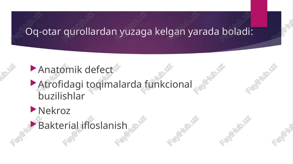 'ngil aynishi, qusish, eshitish va so’zlashni buzilishi, parezlar, falajliklar, ko'p terlash, epileptiform xurujlar, tana harorati subfebril oshishlari kuzatiladi zarb to'lqinlaridan og‘ir jarohat olganlarga shoshilinch terapevtik yordam ko’rsatishga quyidagilar ko’rsatma bo’iadi: • karaxtlik (shok); • kollaps; • asfiksiya; image1.jpeg image2.jpeg image3.png image4.png image5.jpeg image6.jpeg ‘typical pussizin caliper youre profiles 5.45 x 39 mm russian ‘58 gr m74 fmw, at 3066 t's 7.62 x 39 mm russian 420.5 gt m43 ps fmj at 2340 t/s, 7.62 x 39 mm yugoslavian 124 gt m67 fm at 2300 1/5, 7.62 x 39 mm ‘commercial 123 gr jsp at 2303 ts 7.62 x 54 mm russian mi898/1908 type l 148 gr fmj at 2789 t/s i core 7.62 x 39 mm fmj onstrates deep penetration js with minimal tissue sm, tamage prior to initial yaw lead core fmj of yugoslavian, prc, grech and other origin has ~~ early yaw & acts more like the russian …