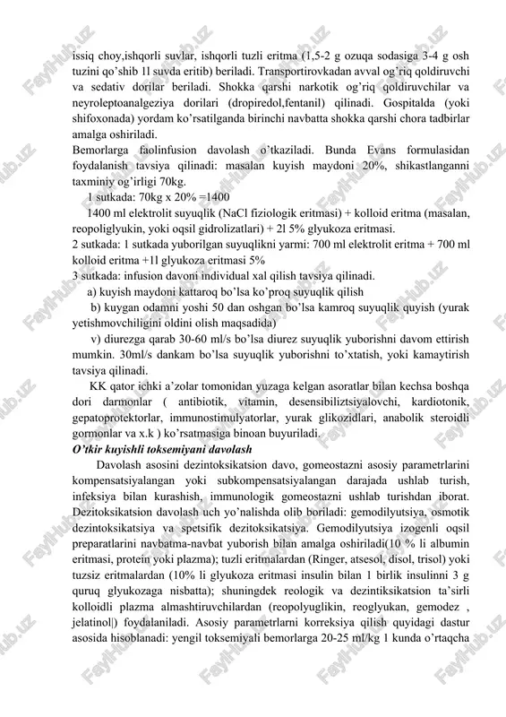 qqa bog'liq bo'lib, mns faoliyatining buzilishiga olib keladi, shuningdek teri va teri osti to’qimalari shikastlanadi, natijada gemodinamika, mikrosirkulyatsiya buziladi, suv – elektrolit balansi, kislota - ishqoriy muvozanat o'zgaradi, modda almashinuvi buziladi. kuyishli shok 1 - 3 kun davom etadi. ikkinchi bosqich. toksemiya, moddalar almashinuving to'liq oksidlanmagan mahsulotlari, to'qima oqsillarining jadal parchalanishidan hosil bo'lgan mahsulotlar va bakterial toksinlar ta’sirida organizmning zaxarlanishi natijasida rivojlanadi. toksemiya kuyish maydoni va chuqurligiga bog‘liq rivojlanadi va o’zining avjiga 72 soatdan so'ng erishadi, 4-20 kun davom etadi. uchinchi bosqich. septikotoksemiya, kuyish maydonida (shikastlangan, epidermis o'zining himoya vazifalarini bajara olmasligi tufayli) mikrob flora o'zining o'rnashish va ko‘payishiga qulay sharoit topadi. cho‘zilgan yiringli jarayonda kasallik kechishi septik tus oladi. bu bosqichning davomiyligi individual xususiyatlariga bog’liq, uning reaktivligiga (qarshilik ko'rsatishiga) va yaraning - granulyatsiyasi boshlanishiga bog'liq. to'rtinchi bosqich. rekonvalesensiya, kuyish maydonini granulyatsiyalar bilan to'liq yoki nisbatan to'liq yopilishiga bog'liq rivojlanadi. qator hollarda kk ichki a’zolar tomonidan quyidagi asoratlar rivojlanishi bilan …