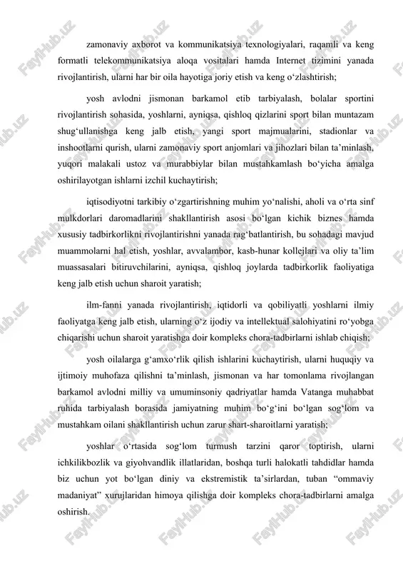 ‘rtasida sog‘lom turmush tarzini qaror toptirish, ularni ichkilikbozlik va giyohvandlik illatlaridan, boshqa turli halokatli tahdidlar hamda biz uchun yot bo‘lgan diniy va ekstremistik ta’sirlardan, tuban “ommaviy madaniyat” xurujlaridan himoya qilishga doir kompleks chora-tadbirlarni amalga oshirish. 2. o‘zbekiston respublikasi prezidentining 2009-yil 9-dekabrdagi 3329-farmoyishiga binoan tuzilgan respublika komissiyasiga “barkamol avlod yili” davlat dasturi bajarilishini tashkil etish va uning ijrosi monitoringini amalga oshirish vazifasi yuklansin. 3. “barkamol avlod yili” davlat dasturini amalga oshirish bo‘yicha respublika komissiyasi (sh. m. mirziyoyev): ikki hafta muddatda vazirliklar, idoralar, xo‘jalik birlashmalari, jamoat tashkilotlari, qoraqalpog‘iston respublikasi vazirlar kengashi, viloyatlar va toshkent shahar hokimliklari tomonidan har bir vazirlik, idora, mintaqa, shahar, tuman va aholi punkti bo‘yicha hududlar hamda tarmoqlarga oid “barkamol avlod yili” dasturlari ishlab chiqilishi va qabul qilinishini ta’minlasin; mazkur dasturning bo‘limlari va bandlarini davlat hamda xo‘jalik boshqaruvi respublika organlari, mahalliy davlat hokimiyati organlari va boshqa tashkilotlar darajasida to‘liq va o‘z vaqtida bajarish ishlarini muvofiqlashtirsin, dasturga kiritilgan tadbirlarning amalga …