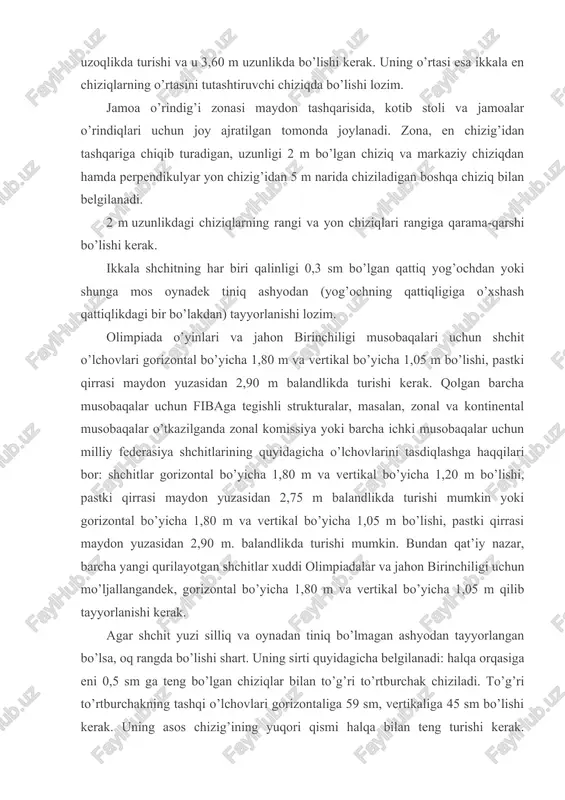 icha o’lchovlarini tasdiqlashga haqqilari bor: shchitlar gorizontal bo’yicha 1,80 m va vertikal bo’yicha 1,20 m bo’lishi, pastki qirrasi maydon yuzasidan 2,75 m balandlikda turishi mumkin yoki gorizontal bo’yicha 1,80 m va vertikal bo’yicha 1,05 m bo’lishi, pastki qirrasi maydon yuzasidan 2,90 m. balandlikda turishi mumkin. bundan qat’iy nazar, barcha yangi qurilayotgan shchitlar xuddi olimpiadalar va jahon birinchiligi uchun mo’ljallangandek, gorizontal bo’yicha 1,80 m va vertikal bo’yicha 1,05 m qilib tayyorlanishi kerak. agar shchit yuzi silliq va oynadan tiniq bo’lmagan ashyodan tayyorlangan bo’lsa, oq rangda bo’lishi shart. uning sirti quyidagicha belgilanadi: halqa orqasiga eni 0,5 sm ga teng bo’lgan chiziqlar bilan to’g’ri to’rtburchak chiziladi. to’g’ri to’rtburchakning tashqi o’lchovlari gorizontaliga 59 sm, vertikaliga 45 sm bo’lishi kerak. uning asos chizig’ining yuqori qismi halqa bilan teng turishi kerak. shchitlarning chetlari 0,5 sm kenglikdagi chiziqlar bilan belgilanadi. bu chiziqlar shchit rangidan yaqqol ajralib turishi lozim. agar shchit tiniq bo’lsa, u oq chiziqlar bilan, boshqa …