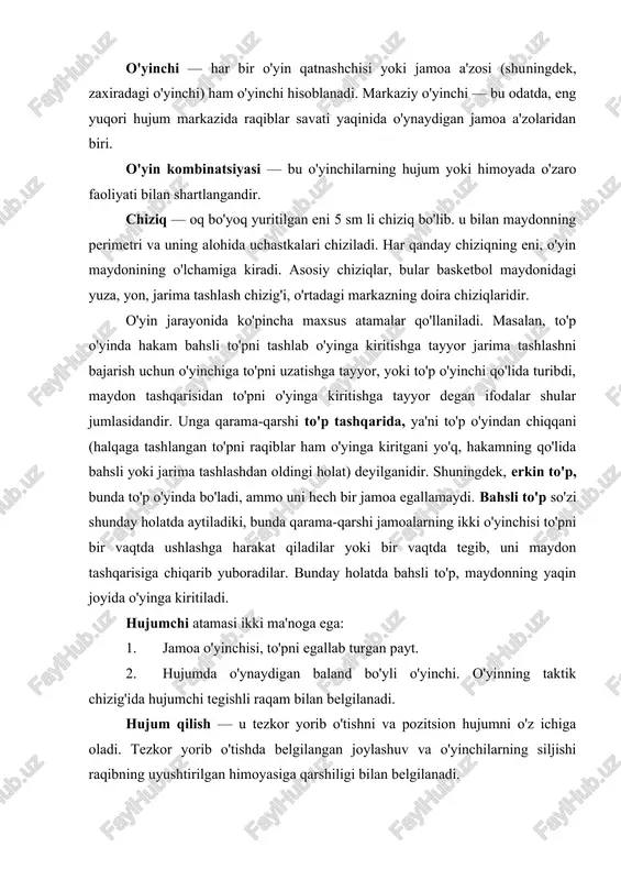 — u tezkor yorib o'tishni va pozitsion hujumni o'z ichiga oladi. tezkor yorib o'tishda belgilangan joylashuv va o'yinchilarning siljishi raqibning uyushtirilgan himoyasiga qarshiligi bilan belgilanadi. o'yinchining oyog'i, ayrim o'yin vaziyatlarida maxsus atama bilan belgilanadi, masalan o'ng oyoq, ya'ni o'yinchi shu oyog'ini qo'yib to'pni egallagan bo'lib, endi u poldan (maydondan) oyog'ini ko'tarishi mumkin emas va yugurib ham ketmaydi; o'ng oyoq atrofida o'yinchi qadamlash va burilishlarni bajarishi mumkin. jarima tashlash zonasi (maydoni) — maydonda yarimdoira bilan trapetsiya chizilgan. savat tagidagi yuza chizig'ining olti metrli bo'lagi trapetsiyaning asosi bo'lib xizmat qiladi. jarima tashlashning 3 m 60 sm uzunlikdagi chizig'i mavjud. trapetsiyaning yuz chi-zig'igacha uzunligi 5 m 80 sm. trapetsiyaning yuqori qismida doira chizilgan bo'lib, u jarima tashlash chizig'ining diametri hisoblanib uning aylanasi 1 m 80 sm. sherik — o'z jamoasi o'yinchisi. to'pni uzatish — bu o'yinchining to'pning boshqa o'yinchiga tez siljishiga yo'naltirilgan faoliyati bo'lib, to'g'ri yuqoridan sakratib, „kryuk" bilan qo'liga uzatishlardan iborat. birinchi …