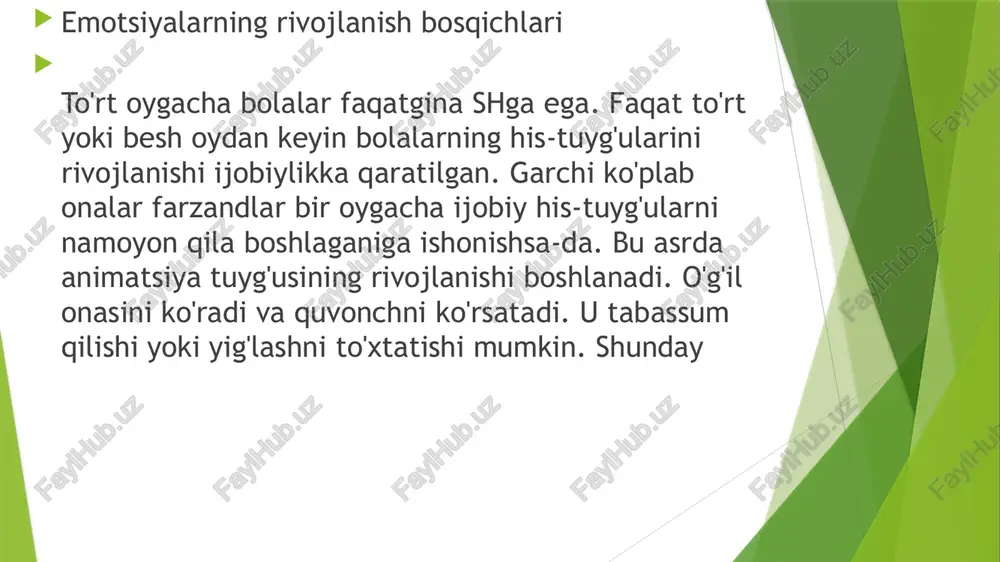 ilar. ammo bu muloqot hissiy sohani sezilarli darajada boyitadi. shu sababli, hozirgi bolalar ko'proq xudbin, hissiy jihatdan izolyatsiya qilingan, haddan tashqari charchagan va boshqalarning his-tuyg'ulariga kamroq munosabatda bo'lishadi. bundan tashqari, kattalar ham har doim ham bolaning kayfiyati va tajribasiga etarlicha e'tibor berishmaydi. ota-onalar ko'pincha vaqt o'tkazish uchun juda band "chaqaloq" muammolar. shu bilan birga, salbiy his-tuyg'ular va his-tuyg'ularning nihollari o'zlarining eng nomaqbul mevalarini berishi mumkin. tuyg'ular va his-tuyg'ular insonning voqelik ob'ektlari va hodisalarining hayotiy ma'nosini bevosita tajribasini aks ettiradi. atrofdagi narsa va hodisalarni bilish, ular bilan o'z faoliyatida tanishish, inson ularga befarq, befarq qolmaydi. ba'zi narsalar unga yoqadi, boshqalari esa yoqmaydi. ba'zi harakatlar hayratga sabab bo'ladi, boshqalari - g'azab yoki nafrat. bunday ruhiy jarayonlar, masalan, zavqlanish, azoblanish, g'azablanish, hayratlanish hissiyotlar yoki his-tuyg'ular deb ataladi. "tuyg'ular yoki his-tuyg'ular insonning o'zi bilgan yoki qilayotgan narsasiga, boshqa odamlarga va o'ziga bo'lgan munosabati tajribasi deb ataladi. bu erda "hissiyot" va "hissiyot" so'zlari sinonim sifatida …