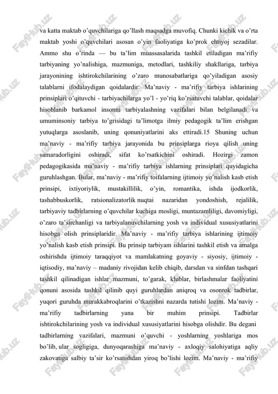 im. ma’naviy - ma’rifiy tadbirlarning yana bir muhim prinsipi. tadbirlar ishtirokchilarining yosh va individual xususiyatlarini hisobga olishdir. bu degani tadbirlarning vazifalari, mazmuni o’quvchi - yoshlarning yoshlariga mos bo’lib, ular sogligiga, dunyoqarashiga ma’naviy - axloqiy salohiyatiga aqliy zakovatiga salbiy ta’sir ko’rsatishdan yiroq bo’lishi lozim. ma’naviy - ma’rifiy tarbiya ishlarining qayd etilgan prinsiplariga asoslansa, ularning yaxlitligi, o’zaro hamkorligi, bir-birini to’ldirili shiga e’tibor qaratilib ulardan samarali foydalanilsa umumiy o’rta maktab, kasb hunar kolejlari o’quvchilarning ta’limiy – tarbiyaviy rivojlanuvchanlik faoliyatlari maqsadli yo’lga qo’yilishi, barkamol insonning to’liq shaxs bo’lib shakllanishi kafolatlanadi. jamiyatni, ijtimoiy -siyosiy, iqtisodiy madaniy rivojlantiris hda umum ta’lim maktablarida olib boriladigan ma’naviy ma’rifiy tarbiya ishlarini quyidagi yo’nalishlar bo’yicha mazmunini belgilash va rejalashtirish talabga muvofiq. 1.tashkiliy-tarbiyaviy ishlar ii.mafkuraviy (goyaviy-siyosiy) tarbiya o’quvchilar ijtimoiy aktivligi va o’qishga munosabatini oshirish iii. ilmiy - dunyoqarash asoslarini shakllantirish, bilimlarni\ chuqurlashtirish va kengaytirish, bilish faolligini oshirish. 1v.umuminsoniy, milliy axloqiy tarbiya va xulk madaniyatini tarbiyalash. v.go’zallik, nafosat va badiiy tarbiya vi. …