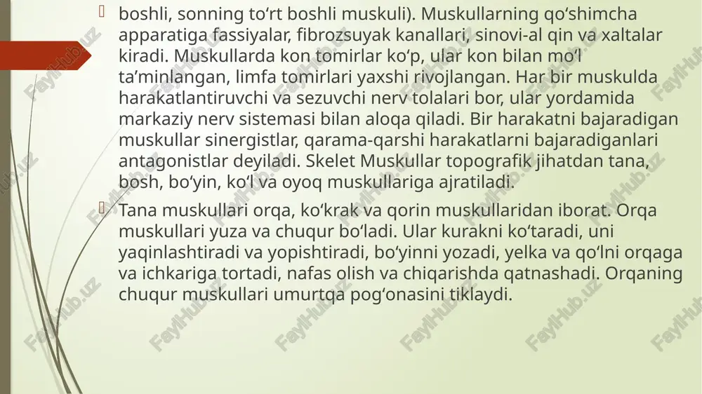 nal holatiga reflektor ravishda ta’sir etadi. ko‘ndalang yo‘lli muskul to‘qimasi ko‘ndalang targ‘il muskul skelet va yurak muskul to‘qimasiga bo‘linadi ko‘ndalang yo‘lli muskul deyishiga sabab, elektron mikroskop ostida ko‘rilganda, uning och va to‘q rangdagi guruh bo‘lib joylashgan. muskul hujayralaridagi juda to‘g‘ri tartibda joylashgan mikrofibrillalar va ularning qismlari (aktin va miozin tolalari) dir. elektron mikroskopida ko‘rilganda ko‘ndalang aktin va miozin tolalari silliq muskulga nisbatan noteks taqsimlanganligi bilan farq qiladi. bolalarda ikkinchi signal tizimining rivojiga tasir etuvchi omillar har qanday muskulning boshlanish qismi–boshi va birikish qismi–dumi bo‘lib, keng tanasi, ya’ni qorni muskul tolalaridap tuzilgan. muskul boshi bilan tanaga yaqin suyakka, dumi bilan tanadan uzoqroqdagi suyakka birikib, qisqarganda bo‘g‘imda harakat sodir bo‘ladi. muskullar tolalarining yo‘nalishiga qarab duksimon, yarim patsimon, ikki yoqlama patsimon, tasmasnmon va ikki qorinchali bo‘lishi mumkin muskullar fiziologiyasi. organizmdagi barcha muskullar ikki guruhga: ko‘ndalang-targ‘il va silliq muskullarga bo‘linadi. muskullarning asosiy vazifasi qisqarish bo‘lib, ularning yordamida organizmdagi barcha harakatlar vujudga keladi. ko‘ndalang-targ‘il muskullar …