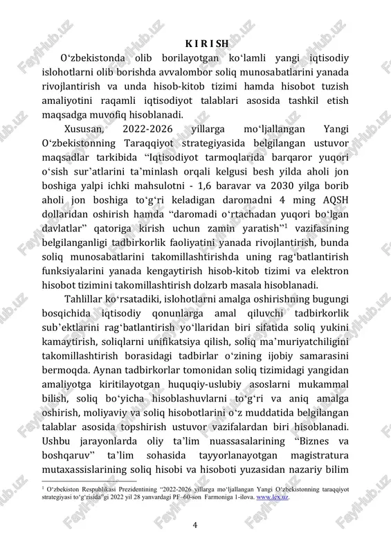 kasb-hunar kollejilari, texnikumlar o‘quvchilari, taqdidotchilar ham foydalanishlari mumkin. 6 1-modul. soliq hisobotining nazariy asoslari va xususiyatlari 1-bob. soliq hisobotining nazariy asoslari o‘quv maqsadi: ushbu bobda soliq hisobotining nazariy asoslari, fanning vujudga kelishining shart-sharoitlari, soliq hisobotining zaruriyati, maqsadi va vazifalar, soliqlarning tarkibi, soliq hisobining xorijiy tajribalari, byudjetga to‘lovlarning hisobi, ma’lumotlarni soliq hisobi registrlarida rasmiylashtirish, soliqlar hisobi va hisobotini tayyorlash tartiblari va ularning mohiyati yuzasidan ilmiy nazariy bilimlarni berish va amaliy tajribalarni shakllantirish. tayanch so‘zlar. soliq, hisob, buxgalteriya, boshqaruv, moliyaviy, hisobot, strategik, dinamik, tamoyil, hujjat, xalqaro, tajriba. 1.1.soliq hisoboti fanining vujudga kelishining shart- sharoitlari mamlakatimizda iqtisodiyotni zamonaviylashtirish, raqamalashtirish va erkinlashtirish jarayonlarida buxgaltyeriya hisobining nazariy va uslubiy jihatdan takomillashib, uni turlari yoxud quyi tizimi kundan-kunga shakllanib bormoqda. xususan, nazariy manbalar tahliliga ko‘ra2, dastlab milliy iqtisodiyotimizda moliyaviy va boshqaruv hisoblari buxgaltyeriya hisobi alohida yo‘nalishlari sifatida qayd etilgan bo‘lsa, bugungi zamonaviy iqtisodiy kitoblarda “moliyaviy hisobot tahlili”, “soliq hisobi va hisoboti”, “strategik hisob”, “ekologik hisob”, “dinamik …