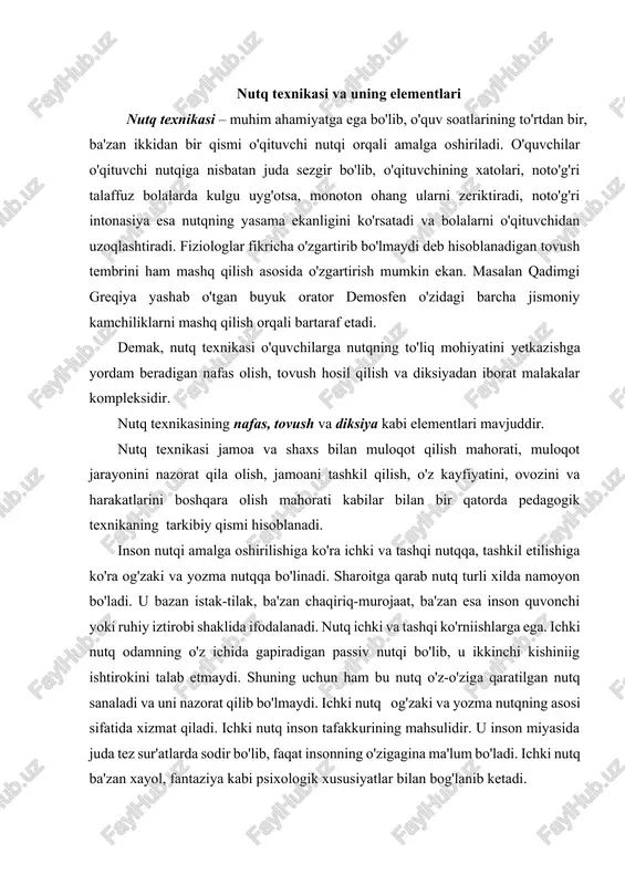 bo'lib, u ikkinchi kishiniig ishtirokini talab etmaydi. shuning uchun ham bu nutq o'z-o'ziga qaratilgan nutq sanaladi va uni nazorat qilib bo'lmaydi. ichki nutq og'zaki va yozma nutqning asosi sifatida xizmat qiladi. ichki nutq inson tafakkurining mahsulidir. u inson miyasida juda tez sur'atlarda sodir bo'lib, faqat insonning o'zigagina ma'lum bo'ladi. ichki nutq ba'zan xayol, fantaziya kabi psixologik xususiyatlar bilan bog'lanib ketadi. tashqi nutq esa ikki yoki undan ortiq kishilar uchun amalga oshirilib, atrofdagilarga fikr-mulohazalarni bildirish uchun tashkil etiladi. shuning uchun nutq madaniyatini shakllantirishda ichki nutqni rivojlantirishga ham alohida e'tibor berishga to'g'ri keladi. tashqi nutq boshqalarga va nazorat qilish mumkin bo'lgan faol nutq bo'lib, u og'zaki va yozma ko'rinishlarga ega. og'zaki nutq odatdagi tovushli so'zlashuv nutqi bo'lib, bu nutq ko'proq-ohang va turli imo-ishoralar bilan aloqadordir. og'zaki nutqda fikrni ixcham ifodalash maqsadida to'liqsiz gaplar keng qo'llaniladi. nutqning bu turi bir yoki bir necha kishi tomonidan amalga oshirishida va monologik, dialogik shaklda namoyon bo'ladi. …