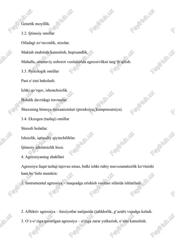 shaxsdagi yashirin tajovuz, g‘azab va psixologik zo‘riqish darajasi aniqlanadi. 9. o‘zbekiston sharoitida agressivlik muammosi so‘nggi yillarda yoshlar orasida agressiv xatti-harakatlarning ko‘payishi – ijtimoiy tarmoqlardagi bosim, oilaviy nizolar, iqtisodiy stress bilan izohlanadi. shu bois, psixologik xizmatlarning rolini kuchaytirish, maktab va universitetlarda agressiyani oldini olish dasturlarini joriy etish muhim. 10. xulosa agressiv xulq — bu faqatgina salbiy xatti-harakat emas, balki inson ruhiyatidagi muvozanat buzilishining ko‘rsatkichi. uning sabablari biologik, ijtimoiy va psixologik omillarning o‘zaro ta’siri natijasida yuzaga keladi. psixologik yondashuv orqali agressiyani tushunish, uni boshqarish va ijobiy yo‘nalishga burish — shaxs rivojlanishining asosiy sharti hisoblanadi. shu bois, har bir inson, ayniqsa, o‘qituvchilar, ota-onalar va psixologlar agressiyani erta aniqlash va unga to‘g‘ri yondashishni o‘rganishi zarur. foydalanilgan adabiyotlar 1. karimova, v.m. (2021). shaxs psixologiyasi: agressiv xulqning zamonaviy talqinlari. toshkent: fan va texnologiya nashriyoti. 2. rahmonov, b.j. (2022). ijtimoiy psixologiyada zo‘ravonlik va agressiya muammosi. toshkent: innovatsion universitet nashriyoti. 3. xolmatova, n.s. (2023). bolalar va o‘smirlar agressiv …