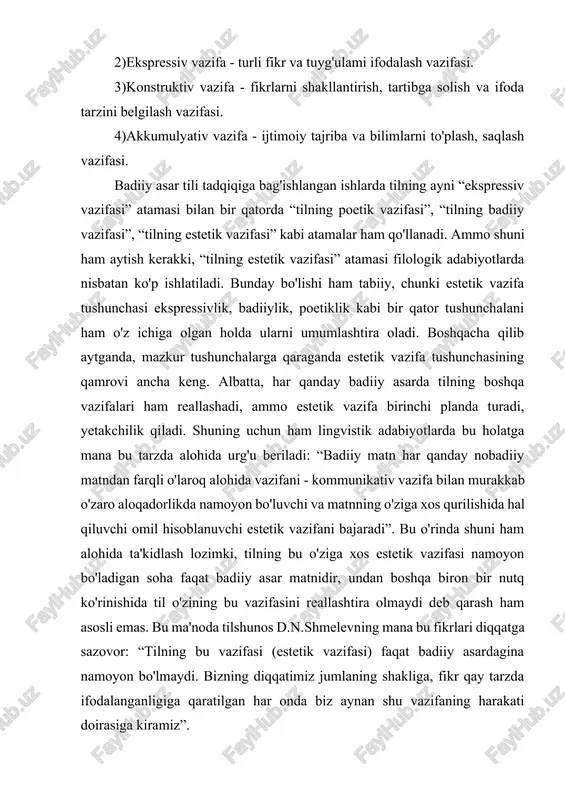 r qay tarzda ifodalanganligiga qaratilgan har onda biz aynan shu vazifaning harakati doirasiga kiramiz”. olimning alohida ta'kidlashicha, so'zlovchi o'z nutqining tashqi shakliga e'tibor bera boshlashi, lisoniy ifoda imkoniyatlarini baholashga o'tishi bilan tilning estetik vazifasi o'zining boshlang'ich ko'rinishida namoyon bo'ladi, ya'ni so'zlovchi nimani ifodalashnigina emas, balki ayni shu “nima”ni qanday ifodalashni ham muhim deb hisoblashidan boshlaboq tilning bu vazifasi ishga tushadi. jonli so'zlashuv, kundalik muloqot jarayonidagi ko'pdan-ko'p o'tkir hazillar, latifanamo kulgilar, chuqur ma'noli so'z o'yinlari, kimlargadir taqlid qilishlar va hokazo holatlarda ham til belgisi, uning badiiy ifoda imkoniyatlariga o'z-o'zidan diqqat qilinadiki, bunda tilning estetik vazifasi yaqqol namoyon bo'ladi. badiiy asar tilini o'rganishdagi ikkinchi, ya'ni lingvopoetik yo'nalish tilning xuddi shu estetik vazifasini tadqiq etishga qaratilgan. aytish lozimki, tilning estetik vazifasining asosiy namoyon bo'lish o'rni badiiy asar matni ekan, bu vazifaning o'ziga xos xususiyatlarini faqat tilshunoslik yoki faqat adabiyotshunoslik doirisida o'rganish qiyin. buning uchun adabiyot nazariyasi, adabiyot larixi, poetika kabi adabiyotshunoslik yo'nalishlari va …