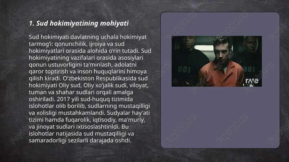 aradorligini 15% ga oshirdi. sudyalarning odilona va xolis qarorlar qabul qilishi, qonun ustuvorligini ta'minlashda hal qiluvchi ahamiyatga ega bo'lib, adolatli jamiyat qurish uchun sharoit yaratadi. sud hokimiyatı va odil sudlov tushunchasi komilova muhayyo e'tiboringiz uchun raxmat! image1.png image2.png image3.png image4.jpg image5.png image6.jpg image7.jpg /docprops/thumbnail.jpeg