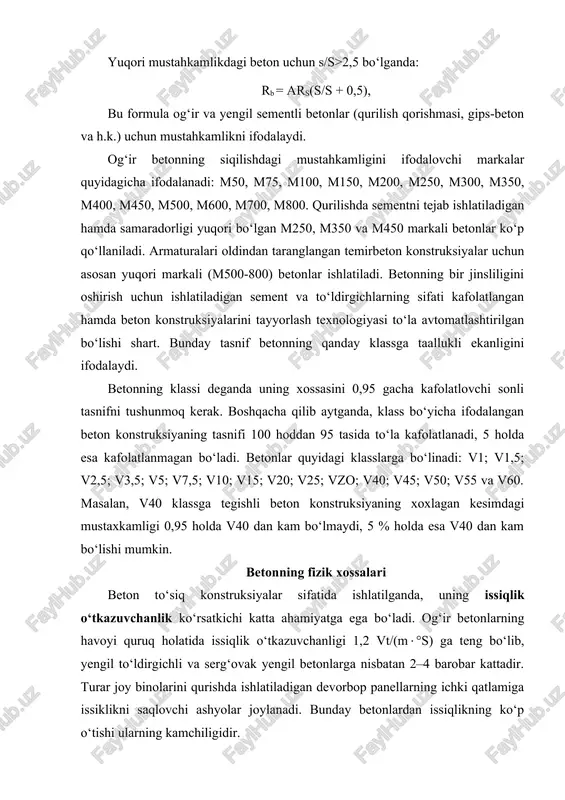 ligi), mpa; va a1 - to‘ldirgichlar va sementning sifatiga bog‘liq bo‘lgan koeffitsientlar. (1-jadval) s - suv miqdori, litr; s - sement miqdori, kg. 1-jadval beton to‘ldirgichlari va sementning sifatiga qarab kiritiladigan koeffitsientlar a va a1 miqdorlari to‘ldirgichlar va sementning xususiyatlari a a1 yuqori sifatli oddiy past sifatli 0,65 0,60 0,55 0,43 0,40 0,37 2. binobarin s/s nisbati aniqlangach, suv miqdori quyidagi 2-jadvaldan aniqlanadi. 2-jadval 1m3 beton uchun suv sarfi beton qorishmasining quyuqligi (qulay joylanuvchanligi) to‘ldirgich yirikligiga nisbatan suv sarfi, kg/m3 cho‘kish quyuqlik shag‘al chaqiq tosh konusning cho‘kishi, sm quyuqligi, sek 10 20 40 10 20 40 0 0 0 0 1-2 3-4 5-6 7-8 9-10 31 30-20 20-11 10-5 - - - - - 150 160 165 175 185 195 200 205 215 135 145 150 160 170 180 185 190 200 125 130 135 145 155 165 170 175 185 160 170 175 185 195 200 210 215 225 …