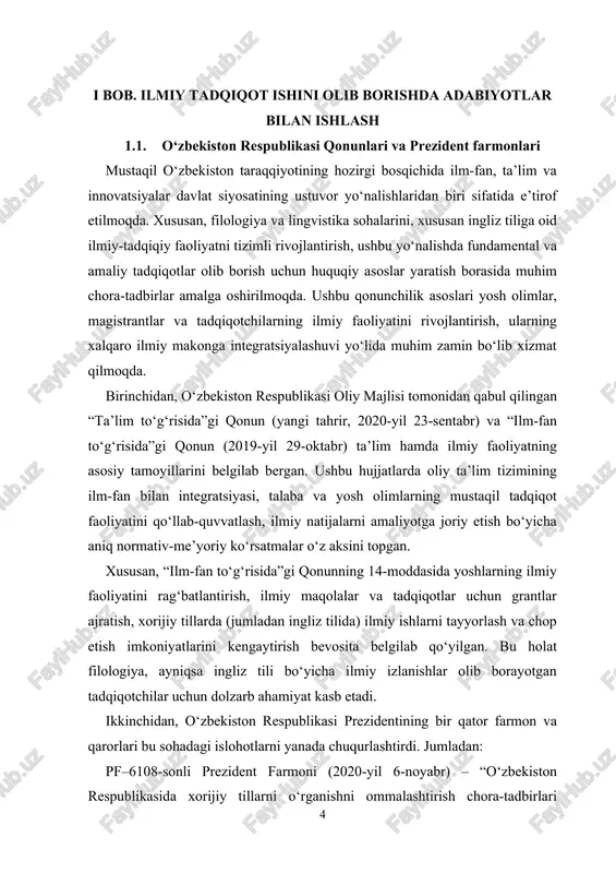 rmonga muvofiq, ta’lim muassasalarida ingliz tilida olib boriladigan ilmiy-tadqiqot ishlarini ko‘paytirish, xorijiy adabiyotlardan erkin foydalanish va tarjima faoliyatini rivojlantirish belgilandi. pq–5117-sonli prezident qarori (2021-yil 19-may) – xorijiy tillarni o‘qitish metodikasi va mazmunini tubdan yangilash, zamonaviy texnologiyalar asosida lingvistik ta’limni rivojlantirish, o‘quv va ilmiy materiallarni ingliz tilida tayyorlashni rag‘batlantirishni nazarda tutadi. pf–153-sonli prezident farmoni (2022-yil 12-may) – ilm-fan va innovatsiyalarni qo‘llab-quvvatlash orqali akademik muhitda ingliz tilidan foydalanish madaniyatini shakllantirish, ilmiy maqolalarni xalqaro jurnallarda chop etishga sharoit yaratish, dissertatsiyalarni xorijiy tillarda tayyorlash imkoniyatlarini kengaytirish kabi ustuvor vazifalarni belgilaydi. uchinchidan, 2022-yilda tasdiqlangan “yangi o‘zbekiston – taraqqiyot strategiyasi” (2022–2026-yillar) da ham xorijiy tillarda ilmiy faoliyat yuritishni rag‘batlantirish, yosh olimlarning ilmiy salohiyatini oshirish, ularning ilmiy ishlarini xalqaro standartlarga mos holda tayyorlash va baholash alohida yo‘nalish sifatida qayd etilgan. strategiyada ingliz tilini akademik va ilmiy faoliyatda asosiy vosita sifatida ilgari surish ko‘zda tutilgan. shuningdek, o‘zbekiston respublikasi innovatsion rivojlanish agentligi, oliy ta’lim, fan va innovatsiyalar vazirligi, respublika …