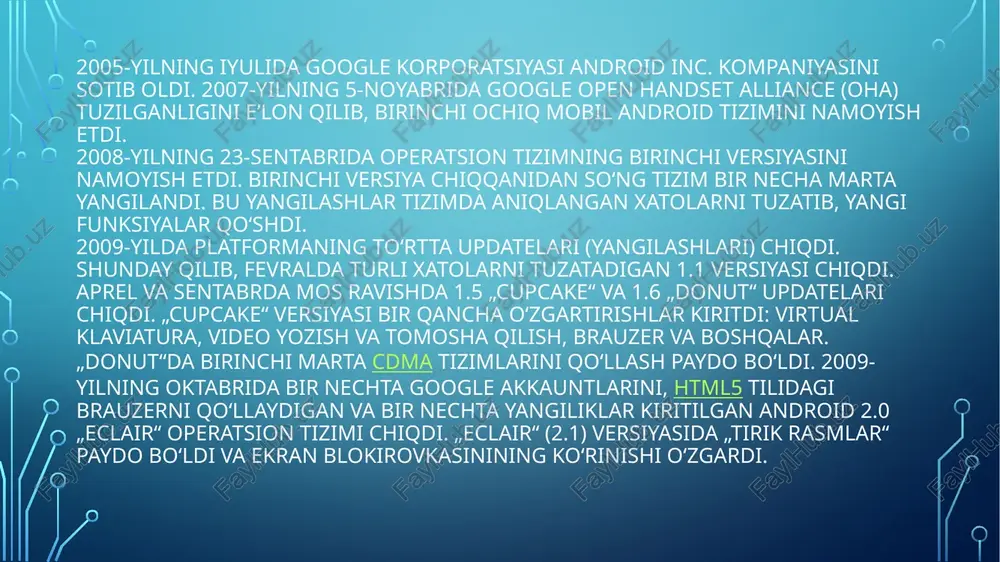 layn do`koni android marketda shaxsiy kanalini ishga tushirdi. u kanalda kompaniya tomonidan tavsiya etilgan dasturlar va oʻyinlar berilgan. 2011-yil dekabrda android market tuzilganidan beri 10 mlrd. dastur koʻchirib olindi. 2012-yil martda google kompaniyasi „kitoblar“, „android market“, „musiqa“ va boshqa servislarni yagona google play servisiga birlashtirdi. googel play internet doʻkoni 190ta davlatda ishlaydi, 700 mingdan ortiq dasturga ega, ochilganidan beri 25 mlrd.ta dastur koʻchirib olingan. dasturlar doʻkoni eski versiya yangi versiya -android tizimi uchun maxsus droid va roboto shriftlari yaratilgan. -1.5 versiyadan boshlab android versiyalarining nomlari biror-bir desert nomidan olinadi. nomlarning birinchi xarflari versiyalarning yangilanishi boʻyicha alifbo xarflari tartibida ketadi: 1.5 cupcake („keks“), 1.6 donut (pishiriq turi), 2.0/2.1 eclair („ekler“), 2.2 froyo („muzlagan yogurt“ qisqartmasi), 2.3 gingerbread („zanjabilli shirinkulcha“), 3.0 honeycomb („asalari ini“), 4.0 ice cream sandwich („muzqaymoq briketi“), 4.1/4.2 jelly bean (shirinlik turi), 4.5 kitkat (shokolat turi)va 5.0 lollipop (so`rg`ich- chupa chuhs). -2011-yil fevral maʼlumotlariga koʻra android ot moslamalari buyuk …