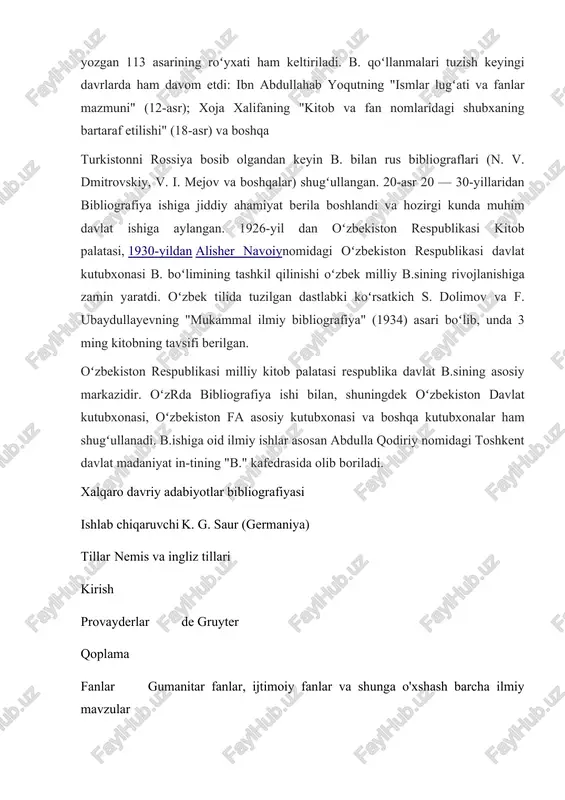 tillar nemis va ingliz tillari kirish provayderlar de gruyter qoplama fanlar gumanitar fanlar, ijtimoiy fanlar va shunga o'xshash barcha ilmiy mavzular yozuv chuqurligi muallif, jurnal nomi, nashr qilingan yili, yili, jurnal raqami, sahifa raqami; maqola va mavjud tezislar tillari; mavzu sarlavhasi, ma'lumotnoma; maqolaning mavzu maydoni va jurnal noshiri qoplamani formatlash xulosa, indeksatsiya vaqtinchalik yoritish 1983 yil - hozirgi kunga qadar geospatial qamrov xalqaro yo'q yozuvlar 3,3 million yangilash chastotasi oylik (bosma); kunlik (onlayn) havolalar veb-sayt https://www.degruyter.com/view/db/ibz xalqaro davriy adabiyotlar bibliografiyasi (ibz: internationale bibliographie der zeitschriftenliteratur) qamrab oladi akademik jurnal adabiyot gumanitar fanlar, ijtimoiy fanlarva tegishli fanlar. maqolada 40 mamlakatdan va 40 dan ortiq tillardan jurnallar mavjud. mavzu indeksatsiyasi mavzu sarlavhalari uchun vakolatli fayl (schlagwortnormdatei) va ism uchun vakolatli fayl (personennormdatei) tomonidan nashr etilgan germaniya milliy kutubxonasi. fayl hajmi 11000 dan ortiq jurnallardan 3,3 milliondan ortiq yozuvlarni tashkil etadi, har yili 120 000 ta yozuvlar qo'shiladi. nson - ijtimoiy shaxs, shuning …