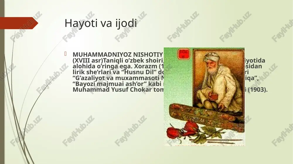 chli tasvirlanganki, biz buni boshqa "yusuf va zulayho"larda ko’rmaymiz. yusuf o’limi yaqinlashganini sezib, zulayho bilan vidolashadi, uning ko’ng’lini ko’taradi, u bilan baxtli hayot kechirgani uchun minnatdorlik qiladi. zulayhoning o’z vafotidan keyin ham xursandchilik bilan hayot kechirishini istaydi: men ketganda qo’yma o’zung jafog’a, fig’on etib, qolma yana azog’a, topshurmisham sani qodir xudog’a, xush, omon bo’l, jonim, ketmali bo’ldum. nurmuhammad andalib haqida hayoti: urganchda tug‘ilgan, xiva madrasalarida tahsil olgan. o‘zbek va turkman tillarida ijod qilgan. ijodi: g‘azal, ruboiy, muxammas, doston janrlarida asarlar yaratgan. 3. andalibning dostonlari mashhur dostonlari: “layli va majnun”, “yusuf va zulayho”, “zayn ul-arab”, “sa’d vaqqos”, “bobo ravshan”, “malikai mehrinigor”, “o‘g‘iznoma”. xususiyatlari: mumtoz dostonchilikning eng yaxshi xususiyatlarini mujassamlantirgan. andalib dostonlarining mavzulari ishqiy sarguzashtlar: “layli va majnun”, “yusuf va zulayho”. diniy-tarixiy voqealar: “zayn ul-arab”, “sa’d vaqqos”. xalq qissalari: “bobo ravshan”, “malikai mehrinigor” andalib dostonlarining uslubi tili: sodda, xalq og‘zaki ijodiga yaqin. bayon usuli: nasru nazm aralashmasi, rivoyatlar shaklida. badiiy vositalar: o‘xshatish, …