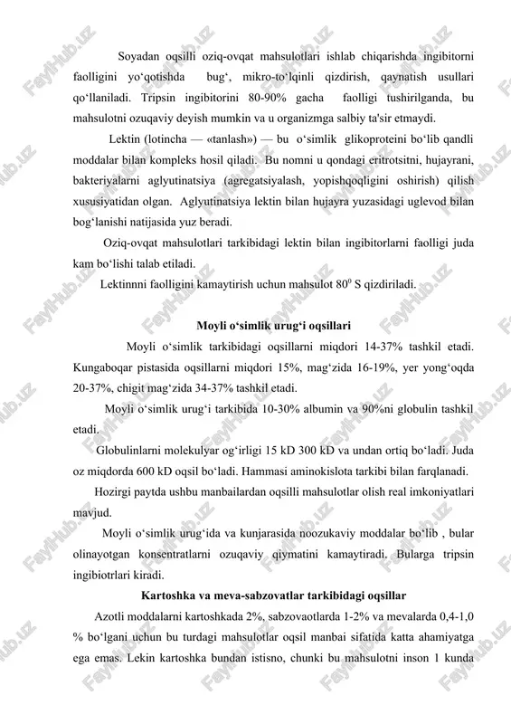 ‘laqonli oqsil hisoblanadi, chunki tarkibida hamma o‘rni qoplanmaydigan aminokislotalar mavjud. tuxum oqsiliga nisbatan biologik qiymati 85%, etalon oqsilga nisbatan 70%. tarkibidagi muhim aminokislotalarga metionin, sistein va leytsin kiradi. kartoshka oqsilini 70% ko‘pini globulin, 30%dan kamini albumin tashkil etadi. go‘sht va sut oqsillari go‘sht , sut va ular asosida olingan mahsulotlar organizm uchun kerakli oqsillarga boy bo‘lib, yaxshi o‘zlashtiriladi. muskul to‘qima oqsillari to‘laqonli bo‘lib mol, qo‘y go‘shti oqsiliga yaqin. birlashtiruvchi to‘kima oqsili va paylar to‘laqonli emas. inson va hayvon organizmida muskul to‘qimalari qisqartirish funksiyasini, birlashtiruvchi va pay to‘qimalari esa struktura funksiyasini bajaradi. hamma turdagi oqsillarni funksiyasi ularni fibrillyar tabiatiga asoslangan. go‘sht mahsulotlari tarkibida oqsillarni miqdori 11dan 22% gacha bo‘ladi. asosiy muskul oqsillariga miozin va aktin kiradi. miozin muskul oqsillarini 55% tashkil etadi. molekulyar massasi 460 kd. muskul hujayrasida suvda eriydigan xromoproteid mioglobin mavjud bo‘lib, prostetik gruppa gem - siklik tetrapirroldan iborat. shuning uchun qizil ranga ega. mioglobinni biologik funksiyasi gemoglobulinga o‘xshab …
