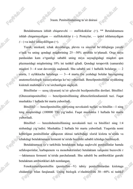 antibiotiklardir. stafilokokk bularga sezgir emas hisoblanadi. shu sababli bularni izoksazolpenitsillinlar bilan qo‘shib berish lozim: masalan, timetin (tikarsillin+klavulon kislota). farmakokinetik farqi/ 1) karfetsillin va karindatsillin karbenitsillinning fenol va indanil efiri hisoblanadi. bular ichishga beriladi, biologik o‘zlashtirilishi 40%ga yaqin. karbenitsillin va tikarsillin ichakdan so‘rilmaydi. 2) bular gematoensefal to‘siqdan kam o‘tadi, 3) sutka davomida 4 marta beriladi, 4) bularga mikrob tezda o‘rganib qoladi. ureidopenitsillinlar (azlotsillin, mezlotsillin, piperatsillin) kiradi. ko‘k rangli tayoqchaga ta’sir qiluvchi antibiotiklar, eng faoli piperatsillin, uning preparati tazotsin (kileratsillin+tazabaktam) tazabaktam laktamaza ingiyoitori. ta’sir doyrasi jyhatdan karboksipenitsillinlarga yaqin. farmakokinetik farqi: 1) hammasini mushakka, venaga yuborish mumkin. piperatsillin 16% qon oqsillari bilan bog‘lanadi, 2) ularning chiqib ketishida buyraklar va jigarning o‘rni katta, 3) sutka davomida 3 marta yuboriladi, 4) bularga mikroblarning ikkilamchi o‘rganishi yuz beradi. qarboksi va uredinopenitsillinlar boshqa penitsillinlardan mikroblarning ikkilamchi o‘rganib qolishi bilan farq qiladi. penitsillinlarning boshqa guruhdagi dorilar bylan o‘zaro ta’siri. penitsillinlar — ishqorlar, og‘ir metall va ishqoriy metallar, geparin, …