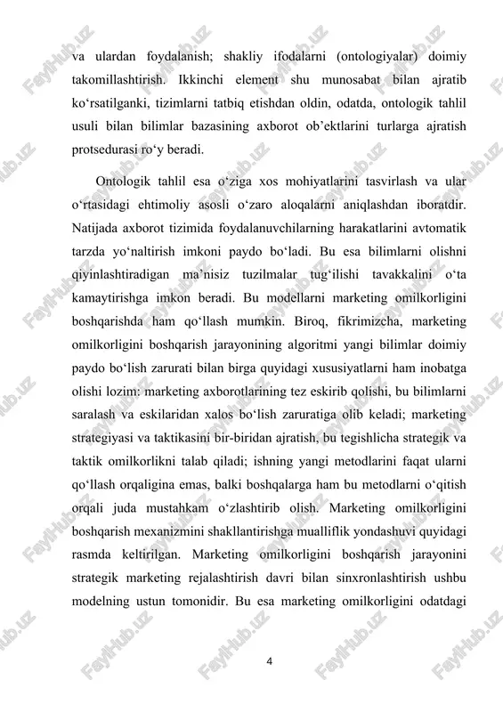 g omilkorligini boshqarish jarayonining taklif etilayotgan bosqichlarini ko‘rib chiqamiz. 1-bosqich. ichki va tashqi muhitda bilimlarni identifikatsiyalash. ichki va tashqi muhitning “shaffof” emasligi, ya’ni u haqda mutlaqo ishonchli axborot olishning iloji yo‘qligi ko‘pincha asoslanmagan boshqaruv qarorlari qabul qilishga, samarasiz mehnat taqsimoti va kuch hamda vositalarning birbirini takrorlashiga olib keladi. shuning uchun bu bosqich vazifasi axborotlarning tashqi manbalarini aniqlash, xodimlarning individual bilimlari hamda ularning jamoaviy bilimlarga jalb qilinganligi, shuningdek, mavjud ma’lumotlar bazasi foydaliligi va ulardan foydalanish darajasini baholashdan iborat marketing tadqiqotlari bilan bir xildir. biroq, individlarning cheklangan ratsionalligi (neoinstitutsional iqtisodiy nazariya terminlarida)ni hisobga olgan holda tashqi va ichki muhitda bilimlar manbalarini qidirish ularni o‘rganish va tahlil qilish imkoniyatlari bilan chegaralangan bo‘lishi lozim. 2-bosqich. marketing omilkorligini rivojlantirish maqsadlarini qo‘yish. maqsad qo‘yish, birinchidan, marketing omilkorligini rivojlantirishning birinchi bosqichida aniqlanganlar va uni takomillashtirish imkoniyatlari va ikkinchidan, firma o‘z oldiga qo‘ygan marketing maqsadlaridan kelib chiqib amalga oshiriladi. maqsadlar ma’lum bilim va ko‘nikmalarni ishlab chiqish hamda tarqatish …