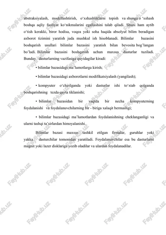 mlangan bilimlar bazasida «nimani hal etish kerak» degan mantiqiy dasturlashtirishga o'tishdir. sun'iy intellektning (si) intellektual xarakterdagi masalalar-ning yechilish usullarini ehm yordamida o'rganuvchi fanning hayotda qo'llanib rivojlanib borishidan ekspert tizimlar (et) vujudga keldi. et lar asosini predmet sohasi ma'lumotlari haqidagi axborot kiritilgan bilimlar bazasi tashkil etadi. bilimlarni et ga taqdim etishning ikki asosiy shakli: faktlar va qoidalar mavjud. faktlar — hodisa va jarayonlarning miqdoriy va sifat ko'rsatkich-larini qayd etadi. qoidalar — odatda sabab va oqibatlarni bog'lovchi mantiqiy sharoitlar ko'rinishidagi faktlararo nisbatlarni bayon etadi. si tizimlari 40 yildan ko'proq tarixiy rivojlanish jarayonini boshidan kechirgandir. paydo bo'lishidanoq teoremani avtomatik isbotlash, mashina tarjimasi (bir mashina tilidan boshqa tilga o'girish), tasvirlarni o'rganish va tahlil qilish, robotlar ishini rejalashtirish, o'yinlar algoritmi va strategiyasi kabi yechimini kutayotgan masalalarni qamrab olgan yechimni topish. ekspert tizimlar — bu malakali ekspertlar darajasida foydalanuvchilar qarorlarini tayyorlashning tor ixtisoslashtirilgan sohasida bilimlarni qayta ishlash tizimlaridir. etlarga maslahat berish, tahlil qilish, konsultatsiya berish, diagnoz …