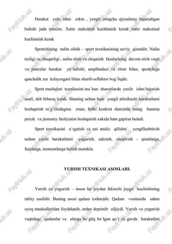 uvchi snaryadning to`g`ri chiziqli tezligini oshiradi. yugurib kelishni aniq bajarganda snaryad buyilan harakat qilayotgan uloqtiruvchining tezligi uloqtirishning boshlang`ich fazasiga tobora usib borishi kerak yugurib kelish xaddan tashqari tez bulganda harakatni nazorat qilish va ohirgi kuch berishni to`g`ri bajarish mumkin. bulmay qolishi to`g`ri yugurib kelib uloqtirganda ham snaryadning uzoqqa borishiga salbiy ta`sir ko`rsatadi. faqat yugurib kelish yoki ohirgi kuch berish hisobiga snaryadni maksimal uzoqqa uloqtirib bulmaydi. ohirgi kuch berishga tayyorlanish ohirgi kuch beri tuxtatish fazasi. ohirgi kuch berishga tayyorlanish turli xil uloqtirishda turli xil buladi, ammo barcha xollarda uloqtirish oxirida snaryad harakati tezligini oshirish katta axamiyatga eg`a. shu bilan birga, ohirgi kuch berishni bajarmoq uchun uloqtiruvchi shunday xolatda turishi kerakki, u xolat ohirgi fazani snaryad eng katta tezlik bilan uchib chiqadigan qilib bajarishga imkon bersin. uloqtirishning kupchilik turlaridan uloqtiruvchining snaryadni ayni qo`ldan chiqarishgacha bulgan oraliq xolatlarning umumiy jixatlari kup. bu oraliq xolatlar uchun uloqtirayotganda gavda , oyoq mushaklaridan to`liq foydalanish maqsadida …