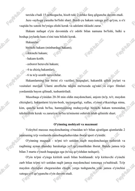 onasi 9 m o'lchamga teng bo'lgan orqa chiziqning davomidir. to'p, to'r va ustunlar to'rning tuzilishi to'rning kengligi 1 m va uzunligi 9,5 m bo'lib, teshiklari 10x10 sm kvadrat shaklida, qora rangli ipdan to'qilgan bo'lishi kerak. to'rning yuqori qismida 5 sm kenglikdagi lenta bo'lib, uning ichidan tros (ustunlarga mustahkamlash uchun) o'tkaziladi. to'rning pastki qismidan shnur o'tkaziladi. to'rning ikki tomonidan ikki yon chiziqlarga perpendikulyar ravishda chegaralovchi lentalar joylashtiriladi. lentalarning kengligi 5 sm va uzunligi lm bo'ladi. to'rning ikki tomoniga joylashtirilgan chegaralovchi lentalar bilan bir yo'nalishda ikki antenna vertikal ravishda joylashtiriladi. antenna diametri 10 mm, uzunligi 1,8 m li naychadan iborat bo'lib, qattiq egiluvchan materialdan tayyorlangan bo'ladi. to'r o'rta chiziq ustidan vertikal joylashtirilishi kerak. ustunlar to'r tortiladigan ustunlar yon chiziqlardan 0,5-1,0 m oraliqda o'rnatiladi. ustunlarning balandligi 2,55 m. ustunlar yumaloq va tekis shaklda bo'lib, o'yinchilarga xavf tug'dirmasligi kerak. ustunlar tortuvchi va taranglashtiruvchi moslamalarsiz o'rnatilishi darkor. to'p to'pning ichidagi kamerasi rezinadan, tashqi qismi tabiiy …