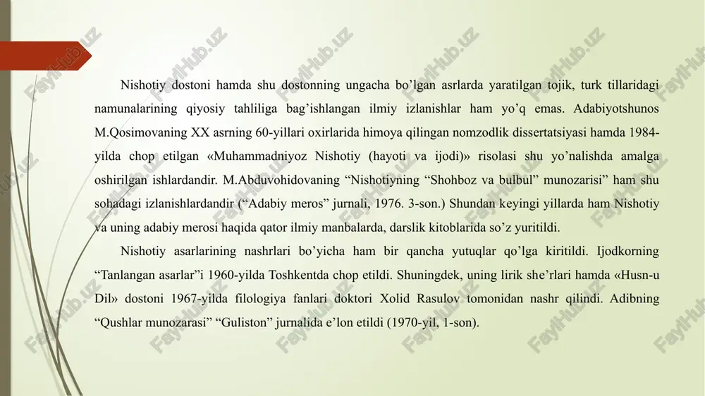ani bo’ston. yusufi siddiqo’ zulayhoni san, turki xaloyiqqa qilib bir chaman. eldin ela olib oni qilsa bo’y, bir necha zebolar ichra guftugo’y. ishqi haqiqiyni saboq aylasun, bo’yla erur oshiqi pok aylasun" andalibning dostonida yusuf va zulayhoning o’zaro, gamxo’rligi shu darajada kuchli tasvirlanganki, biz buni boshqa "yusuf va zulayho"larda ko’rmaymiz. yusuf o’limi yaqinlashganini sezib, zulayho bilan vidolashadi, uning ko’ng’lini ko’taradi, u bilan baxtli hayot kechirgani uchun minnatdorlik qiladi. zulayhoning o’z vafotidan keyin ham xursandchilik bilan hayot kechirishini istaydi: men ketganda qo’yma o’zung jafog’a, fig’on etib, qolma yana azog’a, topshurmisham sani qodir xudog’a, xush, omon bo’l, jonim, ketmali bo’ldum. xulosa. xulosa qilar ekanmiz, qur’oni karimda qissalarning go’zali deb atalgan yusuf qissasi juda qadimiy syujetlardan biri ekanligi. muso alayhissalomga nozil qilingan tavrotning birinchi kitobiga, keyin iso alayhissalom ta’limotini o’z ichiga olgan injilga kiritilganligi haqida bilimlar hosil qildik. bu qissa qur’oni karimga "yusuf surasi" bo’lib kiradi. andalibning "yusuf va zulayho" dostoni o’zining g’oyaviy xususiyatlari …