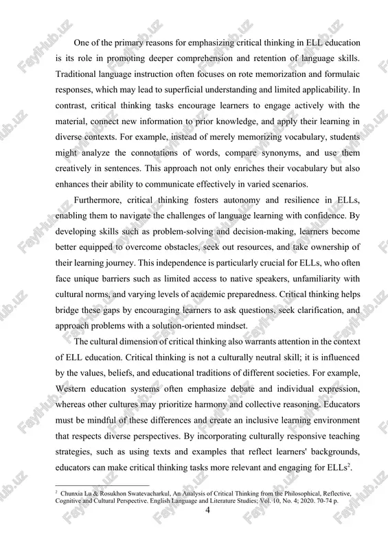 dedness and adaptability. for instance, a group project on environmental issues might involve researching data, presenting arguments, and proposing solutions, all of which require critical thinking and effective communication. despite its numerous benefits, integrating critical thinking into ell instruction presents certain challenges. one common obstacle is the varying proficiency levels within a single classroom, which can make it difficult to design activities that are both cognitively stimulating and linguistically appropriate for all students. another challenge is the potential mismatch between critical thinking tasks and standardized assessment criteria, which often prioritize accuracy and fluency over depth of reasoning. to address these challenges, educators need to employ differentiated instruction, use formative assessments, and advocate for assessment frameworks that recognize the value of critical thinking. developing critical thinking skills in english language learners is a transformative endeavor that extends beyond language acquisition. it equips learners with the intellectual tools needed to navigate a …