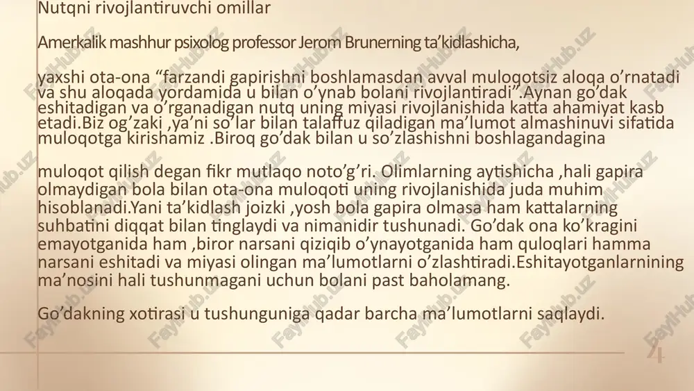 ga qoshiq solib qo‘y»). engil ertaklarni eshitib, tushunadi. 4 yosh «qancha», «o‘rniga», «keyin», «qaerga» kabi so‘zlarni iboralarda ishlata oladi. so‘z boyligi 1500-2000 gacha. «bolalarcha» harflarni yumshatib gapirishi yo‘qoladi. 13 5 yosh bolaning so‘z boyligi 2500-3000 ga etadi. tildagi barcha harflarni bemalol ayta oladi. qiyin iboralarni qo‘llab, o‘z fikrini, istagini ifodalay oladi. so‘zdagi harflar tartibini almashtirmay gapiradi. 5 yoshdan 7 yoshgacha 7 yoshga kelib bola so‘z boyligi 3500 ga yaqin bo‘ladi. bunda ta’surotli so‘zlar soni ko‘payadi. bolada tilga e’tibori oshadi. atrof-muhitni so‘z bilan baholay olish qobiliyati bo‘ladi. bolaning psixologik holati maktabga tayyorlanadi. maqola yoqqan bo‘lsa, do‘stlaringiz bilan bo‘lishing! 7 14 7 adabiyotlar tahlili va metodologiya: bolalar taxminan bir soʻzli soʻzlarning soddaligi ularning ahamiyatini inkor etadi, chunki har bir soʻz kengroq tushuncha yoki istakni ifodalovchi kuchli belgi boʻlib xizmat qiladi. ushbu bosqichdan soʻng, 18 oydan 24 oygacha boʻlgan davrda bolalar ikki soʻzli bosqichga oʻtadilar, bu erda ular soʻzlarni birlashtirib, murakkabroq fikrlarni ifodalovchi …