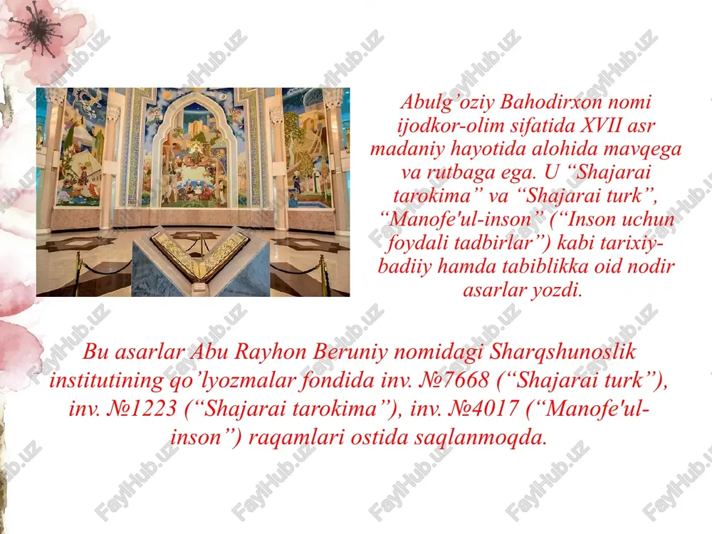 ator tarixiy va afsonaviy shaxslar hamda ayrim laqab nomlari, qabila va urug’ nomlari ham izohlanadi. qipchaq: “xon aydi: “muning otasi bizning oldimizda o’ldi. g’amxo’ri yo’q”, teb. o’g’ul o’kundi, otini qipchoq qo’ydi. qadim turk tilinda ichi qo’sh yog’ochni qipchoq derlar erkandur. aning uchun ul o’g’lon yog’och ichinda tug’di deb, otin qipchoq qo’ydilar. bu vaqtda ham ichi qo’sh yog’ochni qipchoq deytururlar”. shish – payg’ambar nomi. asarda bu nom quyidagicha izohlanadi: “shishning ma'nosi haybatulloh temak bo’lur”. anush - shish payg’ambarning o’g’li. bu nom quyidagicha izohlangan: “anushning ma'nosi sodiq temak bo’lur”. debboqo’yxon – “yofas avlodidan to’takning nabirasi, ablachaxonning o’g’li. o’lar vaqtinda o’g’li debboqo’yxonni o’rnida o’lturtdi. debning ma'nosi taxtning yeri, boqo’yning ma'nosi el ulug’i temak bo’lur”. kirayt: “kiraytning ma'nosi qora buran temak bo’lur. bir kishining etti o’g’li bor erdi. shundan tuqqanlarig’a kiraytlar tedilar”. arlat: “ikkilanchi o’g’li arlat. aning ma'nosi otaning sevar o’g’li temak bo’lur. arlat bir kishining oti turur. aning otasi ko’p sevar erdi. aning …