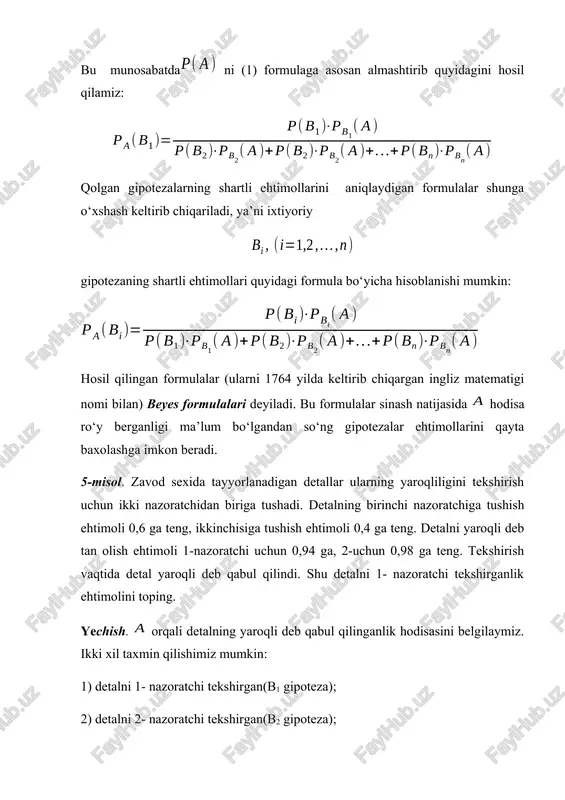 ra shar bor. duch kelgan bitta qutidan tavakkaliga bitta shar olinadi. agar olingan shar qora bo‘lsa, to‘rtinchi quti tanlanganligi ehtimolligini toping. yig‘uvchi 3 yashik detal oldi: birinchi yashikda 40 ta dedal bo‘lib, 5 tasi bo‘yalgan; ikkinchisida 50 ta detal bo‘lib, 10 tasi. bo‘yalgan; uchinchisida 30 ta detal bo‘lib, 20 tasi bo‘yalgan. tavakkaliga tanlangan yashikdan tavakkaliga olingan detal bo‘yalgan bo‘lishi ehtimolligini toping. detallar birinchi partiyasining 2/3 qismi yaroqsiz, ikkinchi va uchinchi partiyada barcha detallar yaroqli. tavakkaliga bitta detal olinadi. olingan detalning yaroqsiz bo‘lishi ehtimolligini toping. benzin qo‘yish stansiyasi joylashgan shosse bylab utayotgan yuk mashinalari sonining yengil mashinalar soniga nisbati 3:2 kabi. yuk mashinasinnig benzin olish uchun stansiyaga kirish ehtimolligi 0,1 ga, yengil mashina uchun 0,2 ga teng. benzin olish uchun kirib kelgan mashina — yuk mashinasi bo‘lishi ehtimolligini toping. ikkita avtomat detallar tayyorlaydi. birinchi avtomatning nostandart detal tayyorlash ehtimolligi 0,07 ga, ikkinchisiniki esa 0,09 ga teng. ikkinchi avtomatning ishlab chiqarish unumdorligi …