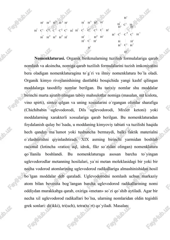ish hamda qo`shimchalar kiritilgan. sp3- gibridlanish. metan molekulasi hosil bo`lganda energiyasi va bulutlarining shakli turlicha bo`lgan uglerodning s va p elektronlaridan hossalari aynan bir xil bog`lar hosil bo`lar ekan. bu hodisani l. poling quyidagicha tushuntiradi: turli atom orbitallari bir-biri bilan qo`shilib, ulardan “o`rtacha” yoki “oraliq” orbitallar yuzaga keladi. masalan, uglerod atomining bitta s hamda uchta p orbitallari qo`shilib, to`rtta oraliq orbital hosil bo`ladi va u gibrid orbital deb ataladi. uglerod atomidagi bitta s va p orbitalning qo`shilishidan hosil bo`lgan to`rtta gibrid orbital har bir shakl va bir xil energiyaga ega. bu gibrid orbitallar energiyasi s va p orbitallar energiyalari oralig`idagi qiymatga ega. gibrid orbitalda uni hosil qilgan dastlabki orbitallarning shakli ma`lum darajada shakllanib qoladi. to`rtala gibrid orbital tetraedr markazidan uning uchlariga tomon joylashganda ularning o`zaro ta`sirlashishi kam bo`ladi. ikkinchidan gibrid orbittallar va 1 s orbitallardan metan hosil bo`lganda gibrid orbitallarning tetraedrik joylashishi metan molekulasidagi vodorod atomlarining bir-biridan baravar uzoqlikda turishini …