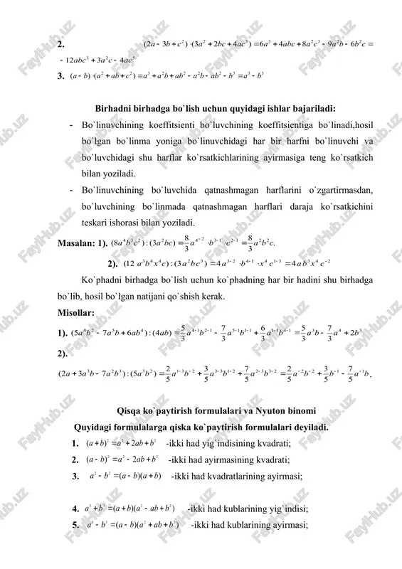 a qiymati ga teng, ya`ni bezu teoremasi va uni algebraik kasrlarni soddalash- tirishga tatbiqi bitta o`zgaruvchi x ning ko`bhadi deb, (1) ko`rinishdagi ko`phadga aytiladi. ko'phadning bosh koeffitsenti, bo`lsa, n soni ko`phadning darajasi - ozod had deyiladi. bir o`zgaruvchili ko`phadlar ustida qo`shish , ayrish va ko`paytirish amallari 3 dagi amallar kabi bajariladi. masalan: -3, ko`phadlar berilgan lar topilsin. yechish: ko`phadni ko`phadga bo`lish esa xuddi butun sonni butun songa bo`lgani kabi bajariladi, bunda albatta bo`linuvchining darajasi bo`luvchining darajasidan kichik bo`lmasligi kerak. bo`lish amalini bajarishda bo`linuvchi ko`phad ham , bo`luvchi ko`phad ham darajalarini pasayish tartibida yozib olinadi, bunda dastlabki o`rinda turgan bo`linuvchining hadi bo`luvchining hadiga bo`linib , bo`linma hosil qilinadi. masalan: 3x2+5x-3 3x2-15x x-5 3x+20 20x-3 20x-100 97 yoki ikkita birhadning nisbatiga ratsional kasr funktsiya deyiladi, ya`ni (2) ratsional kasr funktsiya to`g`ri ratsional kasr deyiladi, agar n > k bo`lsa va noto`g`ri kasr funktsiya deyiladi agar n 1) ko`phadning koeffitsentlari butun son bo`lib …