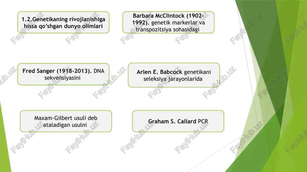 mik manipulyatsiyalar orqali keltirilishi mumkin bo‘lgan o‘zgarishlar, ehtiyotkorlik bilan baholanishi kerak.kelajakda genetika tadqiqotlari, ayniqsa, genomni to‘g‘rilash, stem hujayra terapiyasi va yangi dori-darmonlarni ishlab chiqish kabi sohalarda yanada rivojlanishi kutilmoqda. bularning barchasi insoniyatning salomatligini yaxshilash, qishloq xo‘jaligini modernizatsiya qilish va ekologik barqarorlikni ta'minlash uchun imkoniyatlar yaratadi.umuman olganda, genetika va biotexnologiyaning kelajagi jamiyatni yanada rivojlantirish, yangi yutuqlar yaratish va ekologik hamda ijtimoiy foydalanilgan adabiyotlar 1.o ‘zbekiston respublikasi “ta’lim to‘g‘risidagi qonun”i t. 2020.30 b 2.mirziyoev sh.m. “erkin va farovon, demokratik o‘zbekiston davlatini birgalikda barpo etamiz”. o‘zbekiston respublikasi prezidenti lavozimiga kirishish tantanali marosimiga bag‘ishlangan oliy majlis palatalarining qo‘shma majlisidagi nutq, toshkent, 2016. 56-b.abdullayev sh. genetika asoslari. toshkent, 2020 3.abduqodirov s. biotexnologiya va genetika. toshkent, 2021 4.anvarov a. genetika va uning tadqiqot usullari. samarqand, 2019 5.bo‘riyev m. genetik kasalliklar va ularning davolash usullari. toshkent, 2018 6.g‘afurov b. molekulyar genetika. toshkent, 2017 7.jalolov a. inson genomining o‘rganilishi. buxoro, 2020 8.karimov m. genetik manipulyatsiyalar va etik masalalar. …