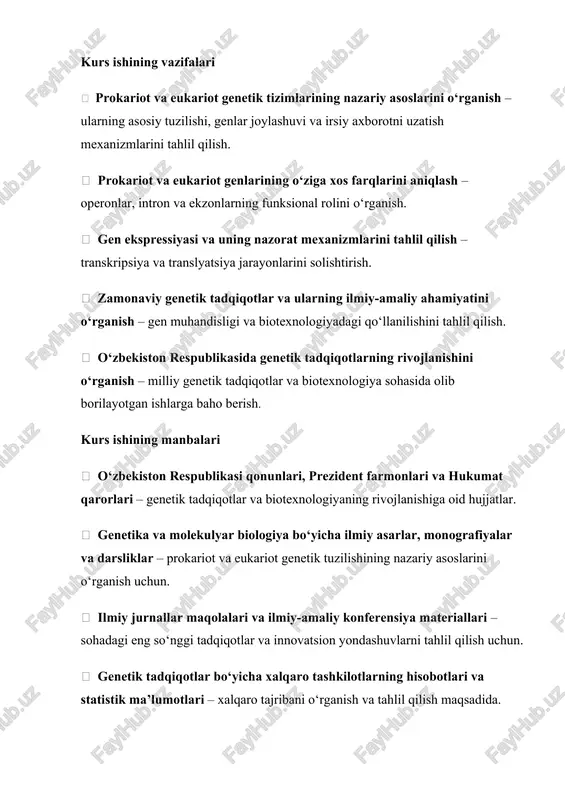 exnologiyalar, gen muhandisligi hamda o‘zbekiston respublikasida genetik tadqiqotlarning rivojlanishi ham kurs ishining tadqiqot obyekti sifatida o‘rganiladi. kurs ishining predmeti ushbu kurs ishining predmeti prokariot va eukariot organizmlarning genetik elementlari, ularning tuzilishi, funksiyalari va gen ekspressiyasi mexanizmlaridir. tadqiqot jarayonida prokariotlarda operon tizimi, eukariotlarda esa intron-ekzon strukturalari va transkripsiya-regulyatsiya jarayonlari o‘rganiladi. shuningdek, genetik tuzilishning biologik ahamiyati, zamonaviy genetik tadqiqotlar va ularning tibbiyot, qishloq xo‘jaligi hamda biotexnologiyadagi qo‘llanilishi kurs ishining asosiy tadqiqot yo‘nalishlari sifatida belgilangan. i-bob. prokariotlarda gen elementlarining tuzilishi 1.1 pro- va eukariot gen elementlarining asosiy tuzilishi. pro- va eukariot genomlar o’lchami. prokariotlarga tegishli asosiy molekulyar-genetik ma’lumotlar e.coli bateriyasini o’rganish natijasida olingan. zamonaviy tushunchalarga ko’ra prokariotlar genomi quyidagi elementlardan tuzilgan: 1. kodlovchi qism-transkripsiya birliklari, jumladan, polipeptid yoki trnk va rrnk ni kodlovchi ketma-ketliklar. 1. regulyator qism- gendagi genetik axborot amalga oshishining dastlabki bosqichini ta’minlovchi qism. prokariotlar genining 5'-oxiridagi regulyator elementlar transkripsiyaning boshlang’ich nuqtasidan 50-70 juft nukleotidgacha uzoqlikdagi masofada joylashgan bo’lib, promotor deb …