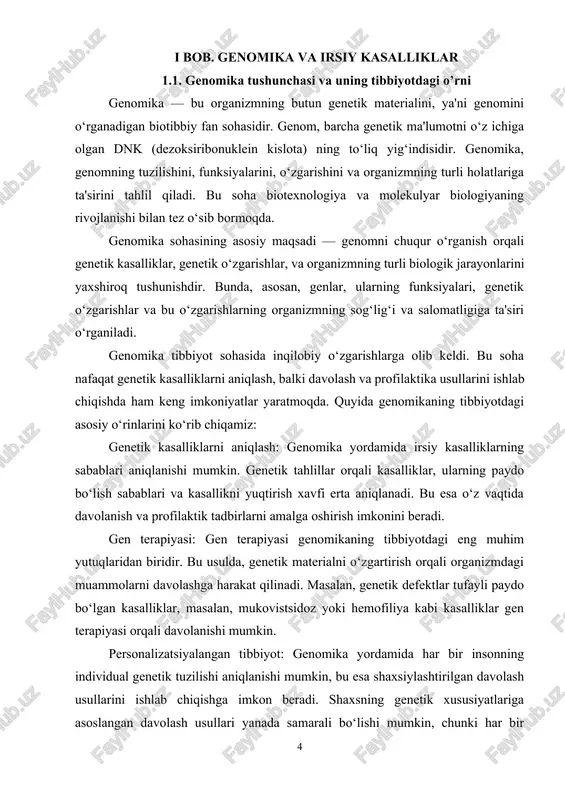 ilan bog‘liq kasalliklar, onkologik kasalliklar, yurak kasalliklari va nevrologik kasalliklar, ko‘pincha genetik o‘zgarishlar bilan bog‘liq bo‘lishi mumkin. genomik tadqiqotlar orqali bu o‘zgarishlarning sabablarini aniqlash, kasalliklarni erta aniqlash va ularga qarshi samarali davolash usullarini ishlab chiqish mumkin. misol uchun, onkologiya sohasida, genomika yordamida saraton hujayralarining mutatsiyalarini aniqlash va saratonni erkin genetik profillash orqali davolash usullari ishlab chiqilishi mumkin. genetik tahlillar yordamida saratonning qaysi turiga qanchalik sezgirligini aniqlash va eng samarali terapiya usulini tanlash imkoniyati mavjud bo‘ladi. genomika yordamida irsiy kasalliklarning oldini olish imkoniyatlari kengaygan. yangi metodlar yordamida homiladorlik davrida yoki tug‘ilishdan oldin bolalarda genetik defektlarni aniqlash mumkin. misol uchun, mukovistsidoz, talasemiya, hemofiliya kabi genetik kasalliklarning erta bosqichda aniqlanishi, ularni davolash yoki profilaktika qilish imkoniyatini beradi. irsiy kasalliklarni aniqlashning keyingi qadamlaridan biri — preemptiv diagnostika va erta profilaktika choralarini ko‘rish. bu, ayniqsa, yirik irsiy kasalliklarning oldini olishda va bemorlarni va ularning oilalarini kelajakdagi genetik kasalliklardan himoya qilishda samarali bo‘ladi. genomikaning tibbiyotdagi eng …