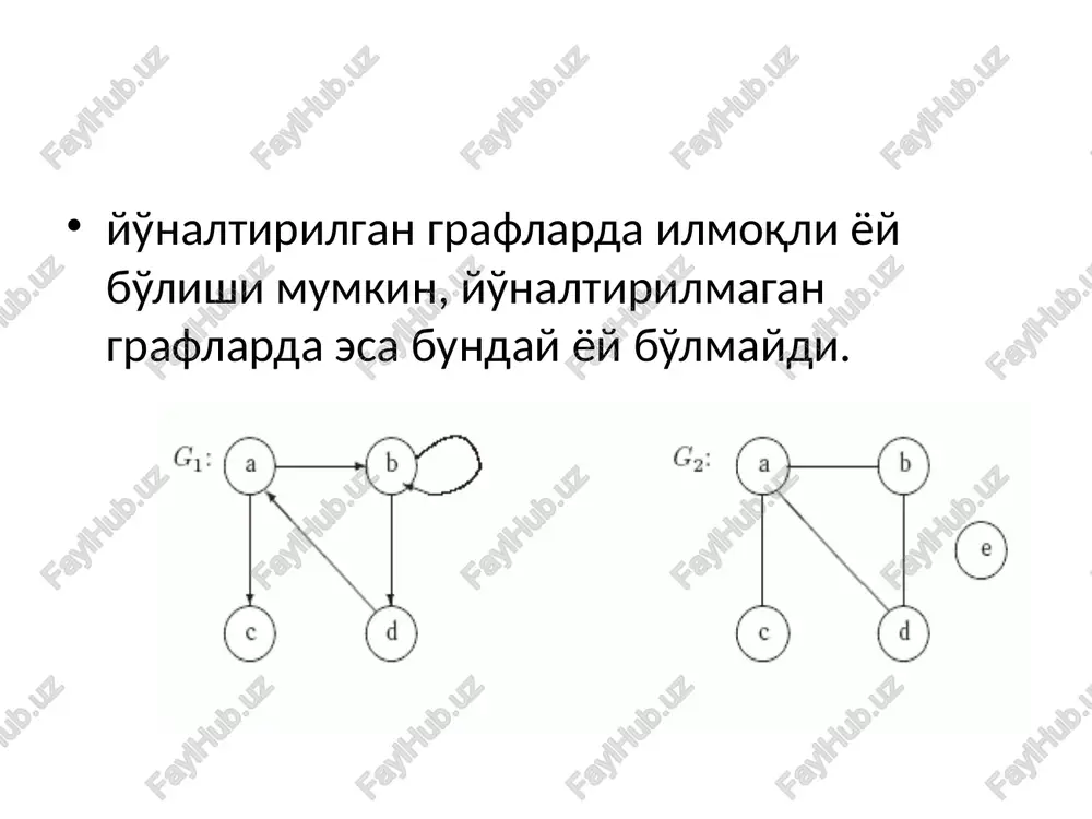 bittasi tanlanadi., masalan ad keyingi kichikroq yoy 5 - ce. yoyi xisoblanadi. uni tanlanganda xalqa xosil bo'lmaydi. vazni 6 ga teng bo'lgan df yoyi tanlanadi. algoritmga misol tasvir izox ab va be yoylar vazni 7. ab ni ixtiyoriy tanlaymiz, bd yoy tanlanmaydi, chunki abd xalqa xosil bo'lishi mumkin. vazni 7 bo'lgan be yoy tanlanadi. bc yoy olinmaydi, chunki bce xalqa, de xam olinmaydi, chunki deba xalqa, fe xam olinmaydi, chunki febad xalqa. vazni 9 bo'o'lgan eg yoy qo'shiladi va algoritm tugullanadi. minimal narxli daraxt aniqlandi. kruskal algoritm samaradorligi algoritm boshlanishidan avval yoylarni vazni bo'yicha saralab chiqish talab etiladi. buning uchun o(e × log(e)) vaqt talab etiladi. qolgan vaqt yoylarni daraxtga qo'shish uchun sarflanadi. kruskal algoritmida vaqt asosan saralashga sarflanishi sababli samaradorlikni o(e × log(e)) deb olish mumkin. mustaqil ish: boruvka algoritmi va samaradorligi nazorat savollari: 1. yo'naltirilmagan graf tushunchalari, qo'shnilar, intsident yoy, xalqa 2. graflarni ko'ruvdan o'tkazish algoritmlari va dasturini …