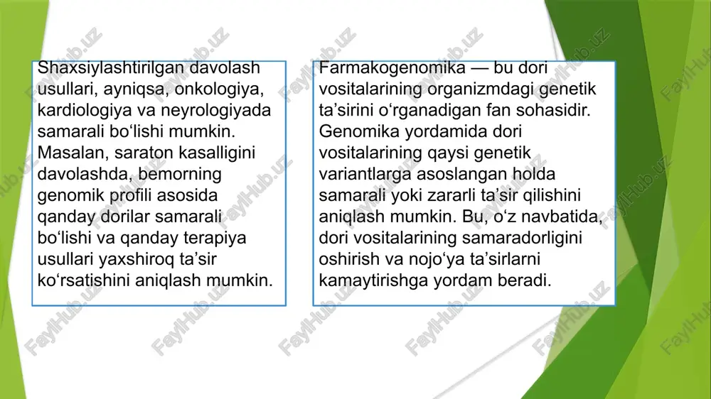 iylashtirilgan davolash. qarshi: shifo, 2021. 19. safarov a. genetik tahlil metodlari va ularning tibbiyotda qo‘llanilishi. farg‘ona: shifo, 2021. 20. saidov m. genomika va farmakogenetika. toshkent: tibbiyot, 2020. 21. tursunov r. genomika va irsiy kasalliklarni aniqlash. toshkent: shifokor, 2020. 22. usmonov i. irsiy kasalliklar va genetik diagnostika. nukus: xalq nashri, 2019. 23. xo‘jaev e. genetik tahlillar va ularning tibbiyotda ahamiyati. samarqand: shifo, 2020. e'tiboringiz uchun rahmat image1.png image2.png image3.png ieee omilrintushunish va genomika antimikrobiyal qarshilikka qarshi genomika ‘orgali moslashish equ eater yuuqumkasalivor epidemislogiyasida genome zs eae yuqunll kasalliklar diagnostikasida genomika’ wi- &-gii sitozin & nhp g. h sitozin a > nukleotidlar fe) h guanin & guanin & pm asos ym q juft n adenin j adenin [a] rn deoksiriboza rn ee, fosfatli “asos” ee, urat sil uj timin ii n° y ° rnk dnk — nukleotidlari nukleotidlari rnk dnk (ribonuklein kislota) (deoksiribonuklein kislota) g28) (a11) (pn) prdectiod nniaqiaeviaa >inam [vaaisdiaasweat] |