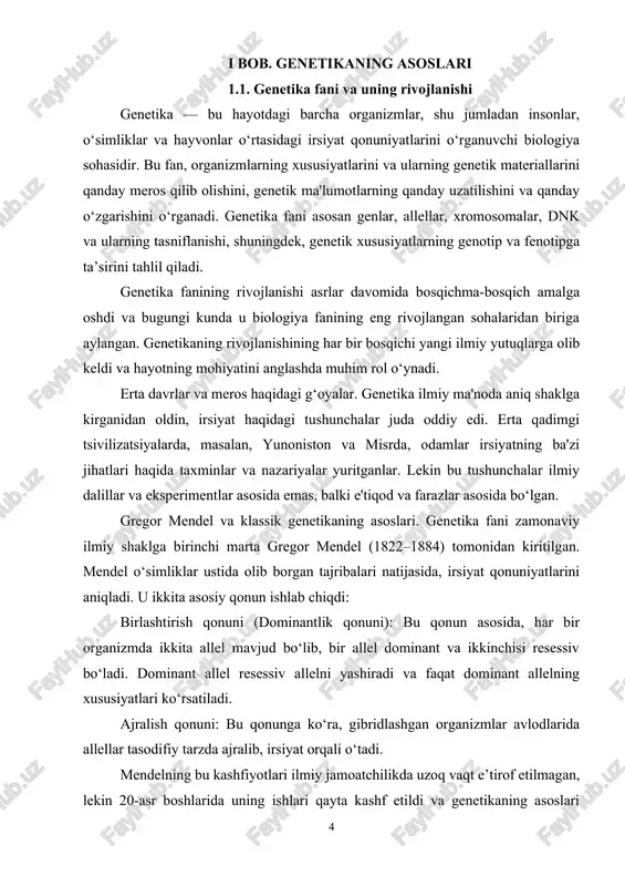 ldi (1-rasm). ushbu loyiha odam genomining 3 milliarddan ortiq asosiy nuqtalarini o‘rganib chiqdi va bu kashfiyotlar genomik tibbiyot, genetik testlar va biotexnologiyalarni rivojlantirishga katta turtki berdi. 1-rasm. human genome project (inson genomini o‘rganish loyihasi). manba: www.wikipedia.com internet sahifasi genetik muhendislik va crispr texnologiyasi. hozirgi kunda genetika fani yana bir bosqichga o‘tdi. genetik muhandislik orqali o‘simliklar va hayvonlarni modifikatsiya qilish mumkin bo‘ldi. crispr-cas9 texnologiyasi orqali genetik materialni aniq va samarali tarzda o‘zgartirish imkoniyati paydo bo‘ldi. bu texnologiya genomni tahrirlashda juda katta imkoniyatlar yaratib berdi va tibbiyotda yangi davolash usullari yaratishga yordam bermoqda. genetika fani nafaqat biologiya fanining nazariy asoslarini, balki tibbiyot, agronomiya, ekologiya va biotexnologiya kabi sohalarda amaliy qo‘llanilishini ham ta'minlaydi. tibbiyotda: genetik kasalliklarni aniqlash, ularni oldini olish va davolashda genetik testlar, gen terapiyasi va biomarkerlar yordamida ilg‘or tadqiqotlar olib borilmoqda. agronomiya va selektsiyada: o‘simliklar va hayvonlar selektsiyasida genetika yordamida yangi navlar yaratilmoqda, hosildorlikni oshirish va kasalliklar qarshiligini ta'minlash mumkin. evolyutsiya …