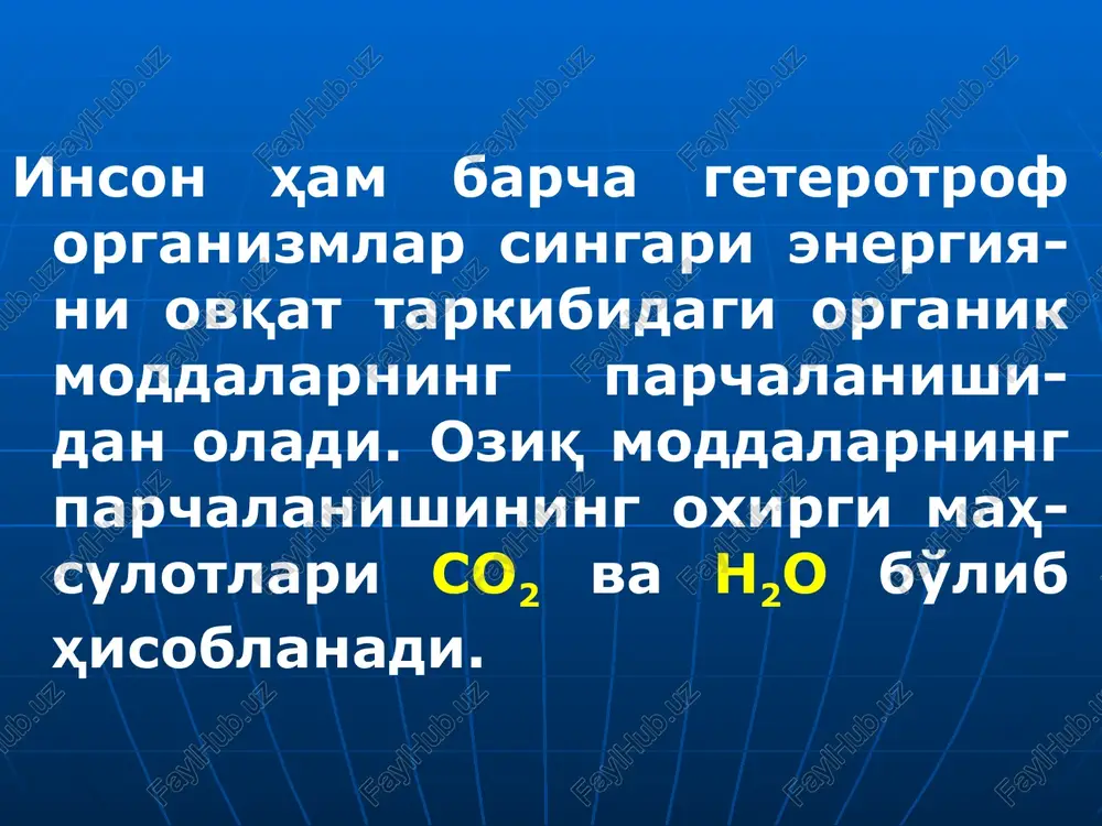 ; 2)antimitsin (2-nuqtani ingibirlay-di); 3)tsianid (3-nuqtani ingibirlaydi). gipoenergetik holatlar shakllari kelib chiqishi i.alimentar ochlik, gipovitaminoz ii. gipoksik: a. qonni kislorod bilan to'yinishini buzilishi: ekzogen gipoksiya nafas gipoksiyasi b. to'qimalarga o2 tashilishini buzilishi gemodinamik gipoksiya gemik gipoksiya havoda o2 etishmasligi o'pka ventilyatsiyasini buzilishi, yoki o2 alveoladan qonga o'tishi qon aylanishini buzilishi (yurak nuqsonlari, qon yo'qotish, shok va boshqalar; lokal – tomirlar spazmi, tromboz, aterio-venoz shunt) gipogemoglabinemiya, toksik moddalar bilan zaxarlanish, gemoglobinopatiyalar iii. mitoxondrial (to'qimalarda o2 o'zlashtirilishini buzilishi) nafas fermentlarining ingibitorlari bilan zaxarlanish, fosforlanishni oksidlanishdan ajralishi. mikrosomal oksidlanish bu xil oksidlanish mikro-somalarda to'plangan fer-ment sistemalari tomoni-dan amalga oshirilib, ular asosan jigar, buyrak usti bezi po'stloq qismi mikroso-malarida bo'ladi. mikrosomal oksidlanishning mitoxondrial oksidlanishdan farqi aktivlashgan kislorod oksidlanuvchi moddaga bevosita kirib boradi; u “plastik” maqsadlar uchun foydalaniladi; mitoxondrial oksidlanishda kislorod bioenergetik jarayonlar uchun foydalaniladi. mikrosomalarda to'plangan fer-mentlar sistemasi ikki guruhga bo'linadi: a)dioksigenazalar-organik subst-rat molekulasiga o2 ning ikki atomi ham birikadigan reak-tsiyalarni katalizlaydigan fer-mentlar: a+o2=ao2 …