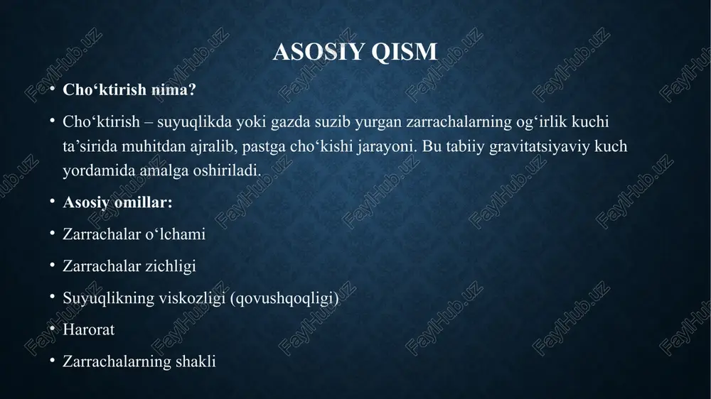 | | | kirish (suv) | | ↓ | |-----------------------| ← sekin oqim zonasi | | | zarrachalar ↓ | | cho‘kadi | |_______________________| ↑ ↑ loy chiqarish toza suv chiqishi ishlashga ta’sir qiluvchi omillar 1. zarrachalar hajmi va zichligi: katta va zich zarrachalar tezroq cho‘kadi. kichik va yengil zarrachalar uzoqroq vaqt talab qiladi. 2. oqim tezligi: tezlik yuqori bo‘lsa – zarrachalar cho‘kmasdan chiqib ketadi. optimal tezlik – samarali cho‘ktirish uchun muhim. 3. suvning harorati va yopishqoqligi: yopishqoqlik ortsa – cho‘kish sekinlashadi. harorat oshsa – yopishqoqlik kamayadi, cho‘kish tezlashadi. 4. apparat konstruksiyasi: yon devor burchaklari, ajratgichlar, plastinalar – bular samaradorlikka bevosita ta’sir qiladi. cho‘ktirish apparatlarining afzalliklari soddaligi va ishonchliligi har qanday sanoat sharoitida ishlay oladi, murakkab mexanizmlar talab qilinmaydi. energiya tejamkorligi ba'zilari tabiiy gravitatsiya kuchi asosida ishlaydi. xarajat jihatdan foydali filtrlarga nisbatan arzonroq, kam texnik xizmat talab etadi. keng qo‘llanilishi suv tozalash, kimyo, oziq-ovqat, neft, kon sanoatlarida ishlatiladi. cho‘ktirish apparatlarining …