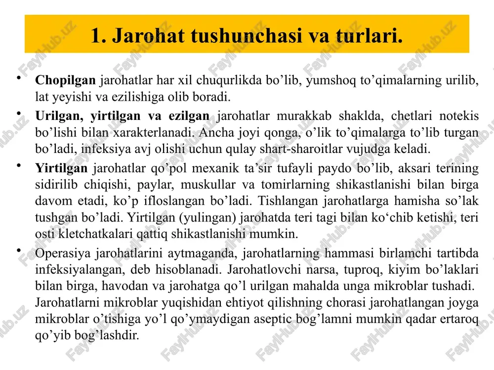 m ko‘rsatish zarur: 1. jabrlanuvchini ehtiyotkorlik bilan orqasi bilan yotqizish. 2. jarohat atrofidagi kiyimni yechish. 3. ochiq jarohatga namlangan toza tampon-bog‘lam qo‘yish. (krandagi iliq suvdan ham foydalanish mumkin). 4. qon oqishini to‘xtatish uchun jarohatni bosmaslik kerak. 5. ichki organlar jarohat orqali tashqariga chiqib qolgan hollarda ularni qorin bo‘shlig‘iga qaytarib solmaslik zarur. qon ketishida 1-tibbiy yordam ko‘rsatish. burunda shikastlanganda qon ko‘p ketadigan ko‘plab qon tomirlar mavjud. burun, odatda, zarbadan shikastlanadi. natijada qon oqadi. yuqori qon bosimi yoki dengiz sathidan balandlikning keskin o‘zgarishi ham burun qonashiga olib kelishi mumkin. burun qonaganda birinchi yordam ko‘rsatish: 1. jabrlanuvchidan o‘tirib, boshini bir oz oldinga egishni va ayni mahalda burun kataklarini 10-15 minut siqib turishni iltimos qilinadi. 2. qon oqishi to‘xtashi bilan, jabrlanuvchiga qayta qonamasligi uchun burnini ishqalamaslikni, kavlamaslikni va qoqmaslikni tayinlanadi. 3. sanab o‘tilgan choralar yordam bermasa, qon oqishi qaytalasa yoki u yuqori qon bosimining oqibati bo‘lsa, vrachga murojaat qilish zarur. 4. jabrlanuvchi xushdan keta …