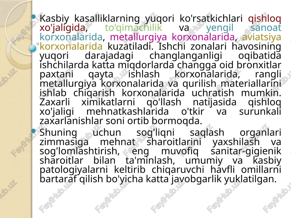 am o'tkaziladi. davriy tibbiy ko'rikning vazifalari: 1.kasb kasalliklari yoki kasbiy zaxarlanishlarning dastlabki belgilarini ro'yobga chiqarish. 2.etiologiyasi bo'yicha kasbga bog'liq bo'lmagan, ammo mazkur kasbga bog'liq bo'lgan zararlar bilan aloqada bo'lganda og'irlashib ketishi mumkin bo'lgan kasalliklarni aniqlash. mas., o'z boshidan grippni o'tkazgan va diensefal sindromli asorati qolgan shaxslar, tetroetilqo'rg'oshin ta'sir etishi mumkin bo'lgan sharoitlarda ishlashi mumkin emas. 3.ko'rikdan o'tkazilgan va salomatligi bo'yicha davolovchi-profilaktik tadbirlarga muhtoj bo'lganlarga shaxsiy tarzda shunday muolajalarni belgilash. 4.katta guruhdagi ishchilar uchun kasb kasalliklariga duchor bo'lishni ogohlantirish. mas., bitta sex yoki uchastkada bir nechta ishchida kasb kasalligining belgilari yoki unga shubha tug'ilsa, mehnat sharoitining nomuvofiq ekanligi yoki texnologik jarayonning buzilishidan darak beradi. bo'nday holat mehnat sharoitini sog'lom lashtirishga doir tadbirlarni zudlik bilan o'tkazilishiga asos bo'ladi. davriy tibbiy ko'rikni tashkil qilish va o'tkazish bosqichlari quyidagilardan iborat: -sex terapevtlari tomonidan o'z uchastkalaridagi mehnat sharoitlarini aniqlash (zararli omillar, omillarning darajasi, kasblar, ishchilar soni); -tibbiy ko'rikdan o'tuvchilarning to'liq familiyasi, ismi, shariflarini tuzish; -davriy …