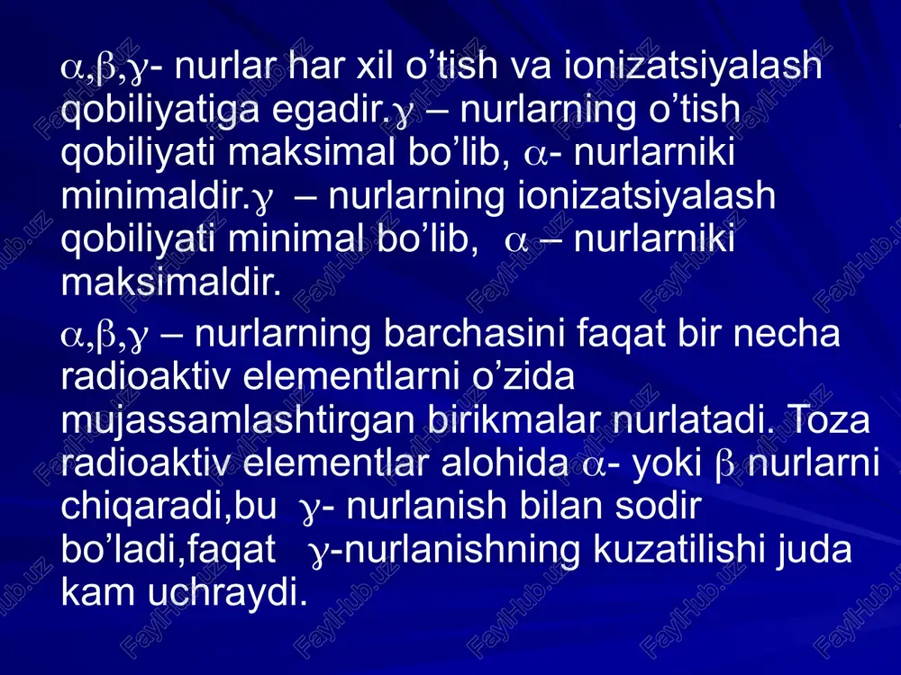 lnish tezligi bo’lib,uni aktivlik deb ataladi. demak aktivlik deb vaqt birligi ichidaparchalanish soniga aytiladi: a=-dn/dt, agar n=n0e-λt ni hisobga olinsa, natijada : at=a0e-λt hosil qilish mumkin. a0- boshlang’ich vaqt (t=0) momentidagi aktivlik. aktivlik vaqt o’tishi bilan eksponensial qonun bo’yicha kamayadi. 1ku(kyuri)=3,7*1010 parch/c =3,7*1010 bk 1mku=1(millikyuri)=10-3ku = 3,7*1010 parch/c 1mkku=1(mikrokyuri)=10-6ku = 3,7*104 parch/c 1rd(rezerford)= 106parch/c, bundan 1mku=37rd radiodiagnostika – bu organizmga radionuklidlarni (nishonlangan atomlarni) kiritish va schyotchiklar yoki gamma-topograflar yordamida ularning joylashishini va aktivligini aniqlash usulidir (masalan, qalqonsimon bez kasalliklarida unga radioaktiv yod 53j125 yoki 53j131 larni kiritilishi). avtoaradiografiya – diagnostika usuli bo’lib, unda radionukleotidlarni mos kelgan joylarda to’qimalarga joylashtirilgan fotoemulsiyada iz qoldirishi yani fotosuratini olish hisoblanadi. fotoemulsiya gistologik kesimda surkaladi va proyav- kadan keyin mikroskopda ko’riladi. radionurlanish izlari fotoemulsiya preparat radioaktiv nuqtalar 22 asas ionlovchi nurlanishlarning organizmga salbiy ta’siri va nur kasalligini rivojlanishi ular ta’sirini miqdoriy baholashga, natijada atom fizikasida ilmiy yo’nalishini vujudga kelishiga olib keldi,u dozimetriya deb nom oldi. …