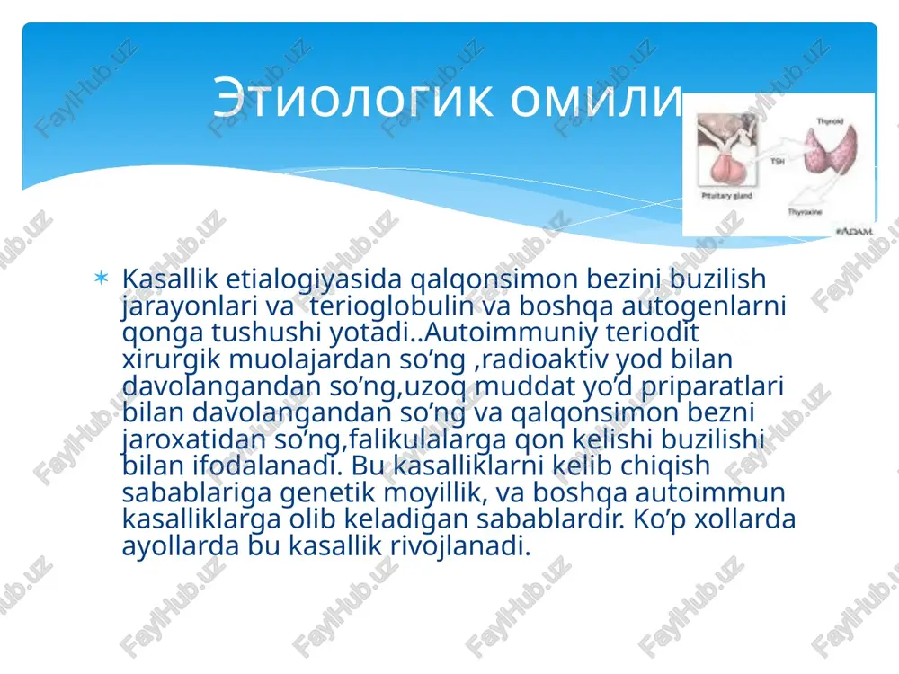 lari yuzaga chiqqanda tireoid garmondan foydalanilgan xolda davolanadi. levoteroksin priparatidan foydalaniladi u alergik tasirga ega.teroid garmonini dozasi qondagi teroksinni dozasiga qarab beriladi va uning dozasi kuniga 100-200 mkg ni tashkil etadi. davolash gumaral yo’lni meyoriga keltirish uchun askarbin kislotasidan 0;5-1 g kuniga, eufilin - 0,15 g kuniga, bunda tashqari glukakartikoidlar (prednizolon) 15-20 mg/kuniga. agar bu og’ir xollarga o’tib ketadigan bo’lsa glukakartikoidlarni 40-80 mg/kuniga beriladi. agar preparatni dozasi kuniga 60 mgni tashkil etadigan bo’lsa buyrak osti bezini profillaktikasida xam ishlatilishi mumkin.prednazalon bilan birga geksametazol preparatini xam ishlatish mumkin bir xil do’zalarda. agar bemorni xolati keskin yomonlashadigan bo’lsa prednazalonni katta do’zalarda beriladigan bo’lsa bunda statsanar xolatlarda davolash lozimdir. doktor nazorati ostida. davolash. -bu kasallik qalqonsimon kasallikni yallig’lanish jarayoni kechishi bilan xarakterlanadi. bu kasallikda terositlarni destruksiyasi kuzatilib viruslarni tasiri natijasida kelib chiqadi. o’tkir tireoidit (tireoidit de kervena) bu kasallik bemorlarda ko’p chilik xollarda irsiy bo’ladi. bunga asosiy sabablardan biri bo’lib ko’pgina xollarda hla …