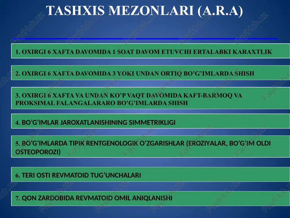 ankilozlovchi spondiloartrit – bo’g'imlarning asimmetrik jarohatlanishi, umurtqa jarohatlanishi, hla b27 antigeni topilishi reyter sindromi – oyoqlar bo’g’imlarining surunkali artriti, tovon paylari va tovon suyaklarida og’riq, kon'yuktivit, uretrit belgilari psoriatik artrit – psoriaz elementlari aniqlanishi, distal falangalararo bo’g’imlar jarohatlanishi nyak va kron kasalligidagi artrit – o’rta yirik bo’g’imlar, umurtqa jarohatlanishi, ko’pincha tugunli eritema bilan qo’shilib keladi mikrokristallik artritlar – o’tkir boshlanishi va kuchli og’riq, sinovial suyuqlikda kristallar aniqlanadi osteoartroz – mexanik va tart xarakteridagi og’riqlar, bo’g’imlarda qisirlash, ertalabki karaxtlik uzoq davom etmaydi, geberden va bushar tugunchalari, o’ziga xos rentgenologik manzara revmatoid artritni davolash i - bazis davo: 1) aminoxinolinlar - delagil - plakvenil 2) oltin preparatlari - auronofin, ridaura, tauredon 3) d- penitsilamin - kuprenil 5) immunodepressantlar metotreksat arava - siklofosfamid 6) sul'fanilamidlar - sul'fosalazin - salazopiridin 7) remikeyd 8) leflyunomid ii - gormonoterapiya: 1) tizimli prednizolon, metipred 2) lokal kenalog, diprospan bo’g’im ichiga iii - n. p. v. p. sog-2 …