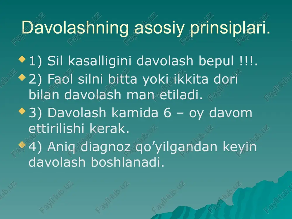 ergan xomiylar proect hope- aksh cdc- aksh usaid-aksh kfw- germaniya vrachi bez granits dots strategiyasini shakllanishi 15 yil davomida o'tkazilgan sinovlar bu strategiyani yukori samaradorligini tasdikladilar 1993 yili jsst bu strategiyani rasmiy ravishda makulladi va sil muammo bo'lgan davlatlarda ko'llash uchun tavsiya etdi 2002 yilga kadar dots dunyoning (210 tadan) 180 davlatlarida yukori samara ko'rsatib ko'llanilmokda strategiyani asosiy vazifalari: sil bemorlarini 70%ni ( passiv) bakterioskopiya usuli bilan aniqlash; 85% bemorlarni davolash dots strategiyasini asosiy tamoyillari davlat tomonidan qullab quvatlash ; bemorlarni bakterioskopiya usuli bilan aniqlash; nazorat ostida davolashni utkazish; yuqori samarali dorilar bilan uzliksiz ta'minlash; o'tkazilgan barcha tadbirlarni nazorat va hisoboti (monitoring) sil tashxisini ko'yish algoritmi sil alomatlari bakterioskopiya kchb+++ kchb - kchb+ - - rg -, ftiziatr maslaxati abp takroriy bakterioskopiya kchb+++ ++ - + - - kchb- rg va. ftiziatr xulosasi sil yo'k xa, sil musbat surtmali sil rg -, ftiziatr maslaxati o'zgarishsiz ha, sil o'zgarish bor davolashni …