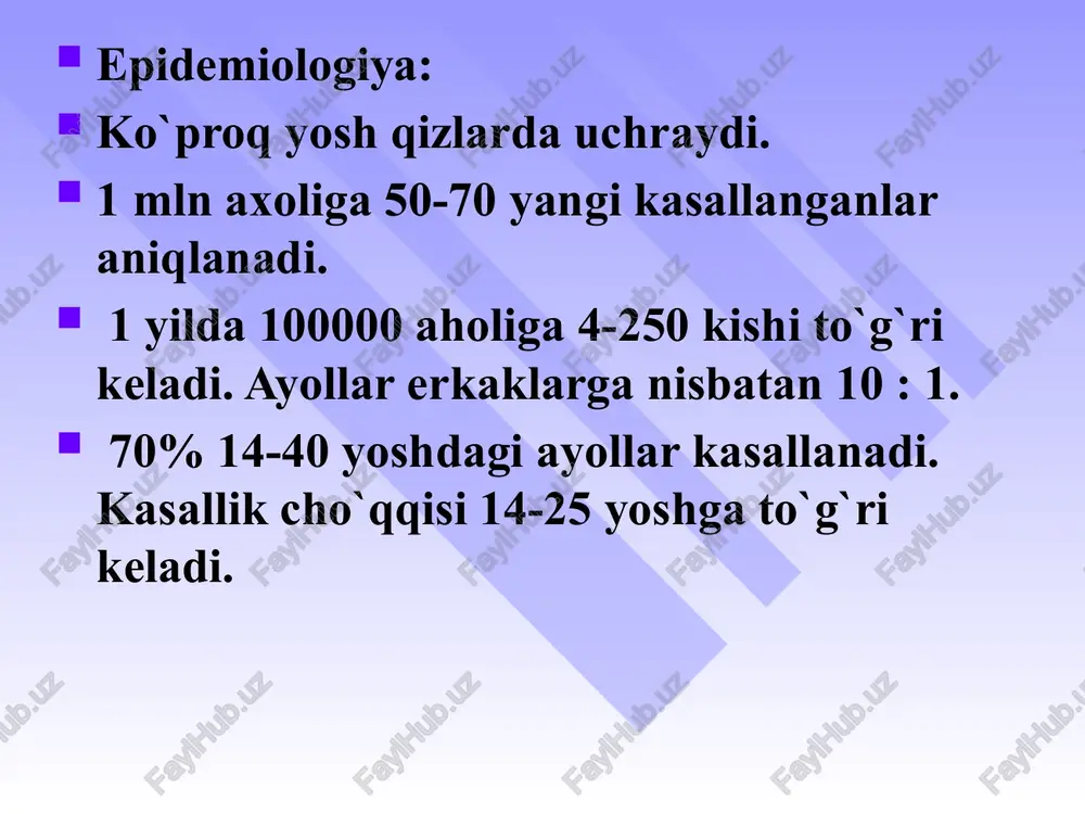 it peri-kardit mio-kar-dit, endo-kar-dit pnevmo-nit pnevmo-fib-roz lyupus nef-rit (nefrotik sind-rom bilan, peshob sind-romi) meningoentsefalo-poli-radi-kulo-nevrit poli-neyro-patiya laborator tekshiruvlar qon umumiy tahlili peshob umumiy tahlili le hujayralar antinuklear antitanalar sik rf past titrlarda ekg exoks yurak-qon tomir, nafas, oshqozon-ichak, buyrak, markaziy asab tizimilarini laborator-instrumental tekshirish igg, igm qiyosiy tashxis tqb ga o`xshaydigan 40 ta kasallik mavjud, ayniqsa kasallik debyutida. 1. revmatoid artrit 2.utkir revmatik isita 3.tizimli sklerodermiya 4. tizimli vaskulitlar davolash glyukokortikosteroidlar intensiv terapiya puls terapiya kombinasiyalangan puls terapiya 4- aminoxinolin preparatlari delagil plakvenil yaqnv ekstrokorporal davolash usullari plazmaferez gemosorbsiya gemodializ tqbli bemorlarni davolashning dasturli usuli prognoz xozirgi kunda tkb ni prognozi ancha yaxshilandi. tashxis qo`yilgandan so`ng bemorlarnning xayoti davomiyligi 10 yildan so’ng 80%, 20 yildan so’ng –60%. lekin, tkb da o’lim ko`rsatkichi populyasiyada 3 marta yuqori. image1.jpeg image2.png image3.png image4.png image5.png image6.png image7.png 4 wich * lonacortes * litecories *loceagion puc. 9.2. cucremnas kpachas boidahka jluccemuhmpobahhbie ou4arn puc. 9.3. cucremuasd kpachas …